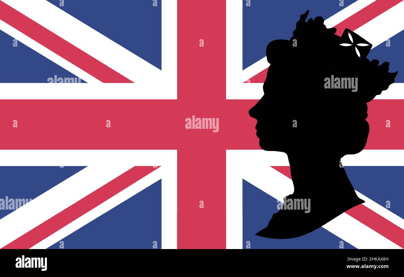 Profilo della regina Elisabetta con l'Union Jack sullo sfondo Illustrazione Vettoriale