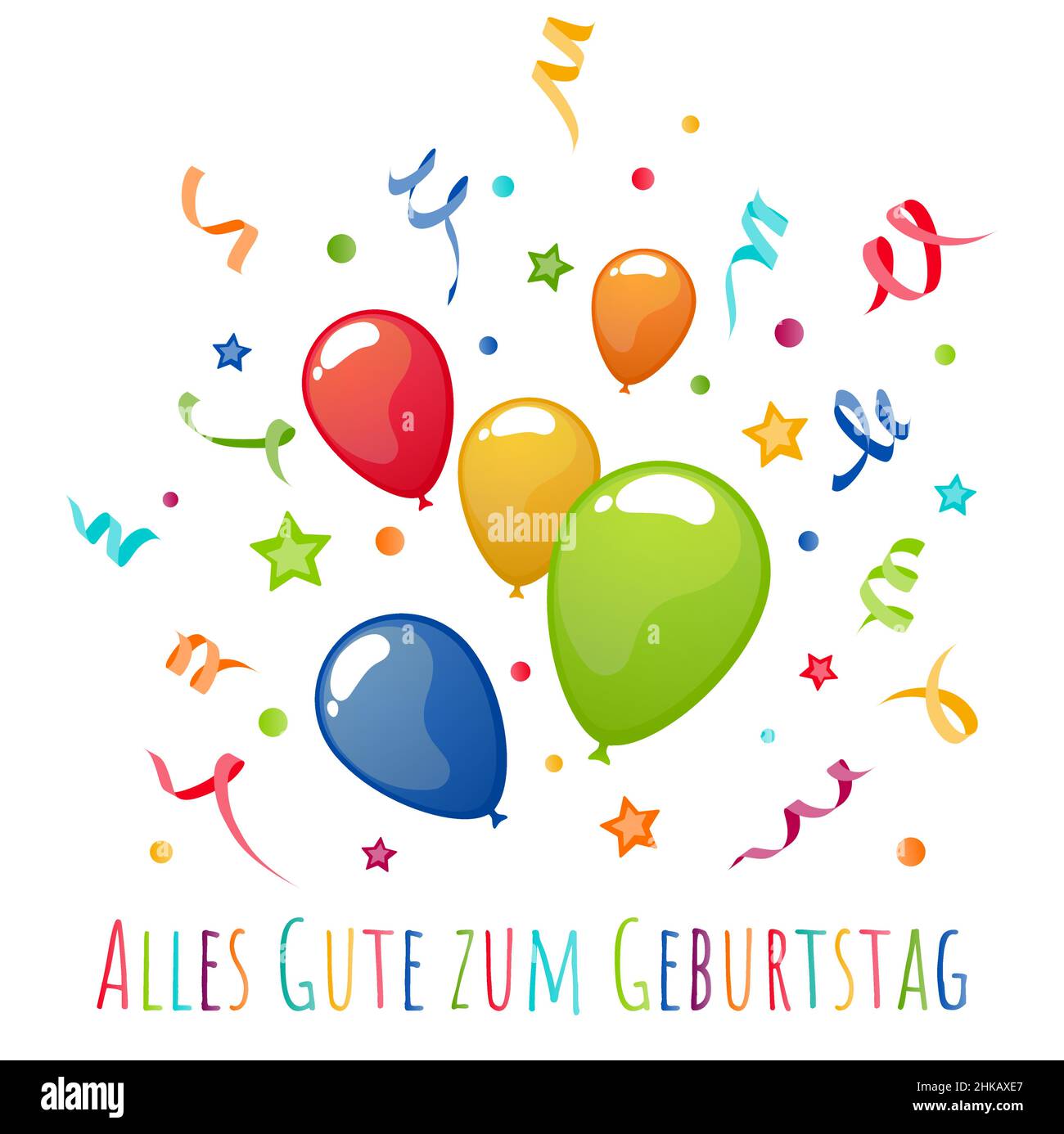 illustrazione vettoriale eps di palloncini volanti di colore diverso, streamers, confetti e stelle esplodere, testo happy birthday (tedesco), utilizzare per partito adv Illustrazione Vettoriale