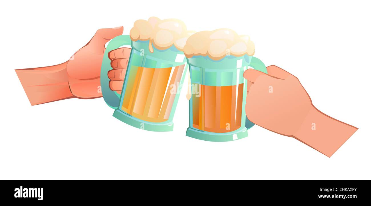Mani con bicchieri da birra aggraffati. Oggetto isolato su sfondo bianco. Divertente stile cartoon. Vettore Illustrazione Vettoriale
