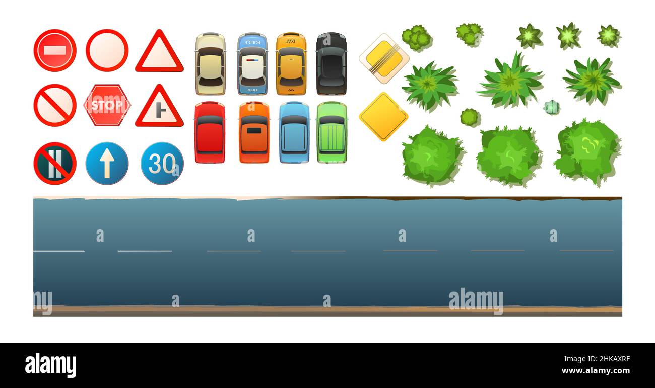 Segnaletica stradale e auto. Insieme di oggetti traffico. Specificare e limitare. Vista dall'alto. Stile divertente Cartoon. Strada e alberi. Isolato su sfondo bianco Illustrazione Vettoriale