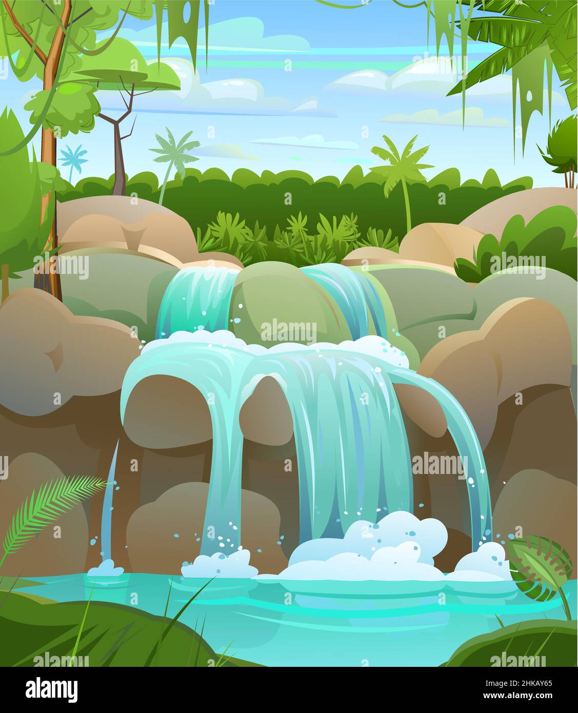 Paesaggio tropicale con cascata tra le rocce. La cascata fruscii verso il basso. Palme e foresta pluviale in lontananza. Flusso d'acqua. Stile cartoon cool. Vettore Illustrazione Vettoriale
