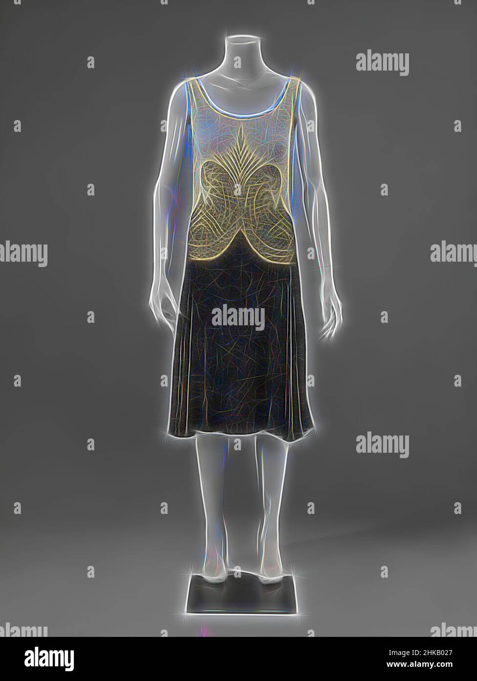 Ispirato da abito da sera o da ballo, serata breve o abito da ballo di cotone set con perline di vetro. Modello: Un corpetto dritto, senza maniche, di cotone color ecru si estende sotto la vita in archi. A questo è impostato un ampio, gonna svasata di cotone nero. Sulla parte anteriore due cuciture a figura dalla spalla, Reimagined by Artotop. L'arte classica reinventata con un tocco moderno. Design di calda e allegra luminosità e di raggi di luce. La fotografia si ispira al surrealismo e al futurismo, abbracciando l'energia dinamica della tecnologia moderna, del movimento, della velocità e rivoluzionando la cultura Foto Stock