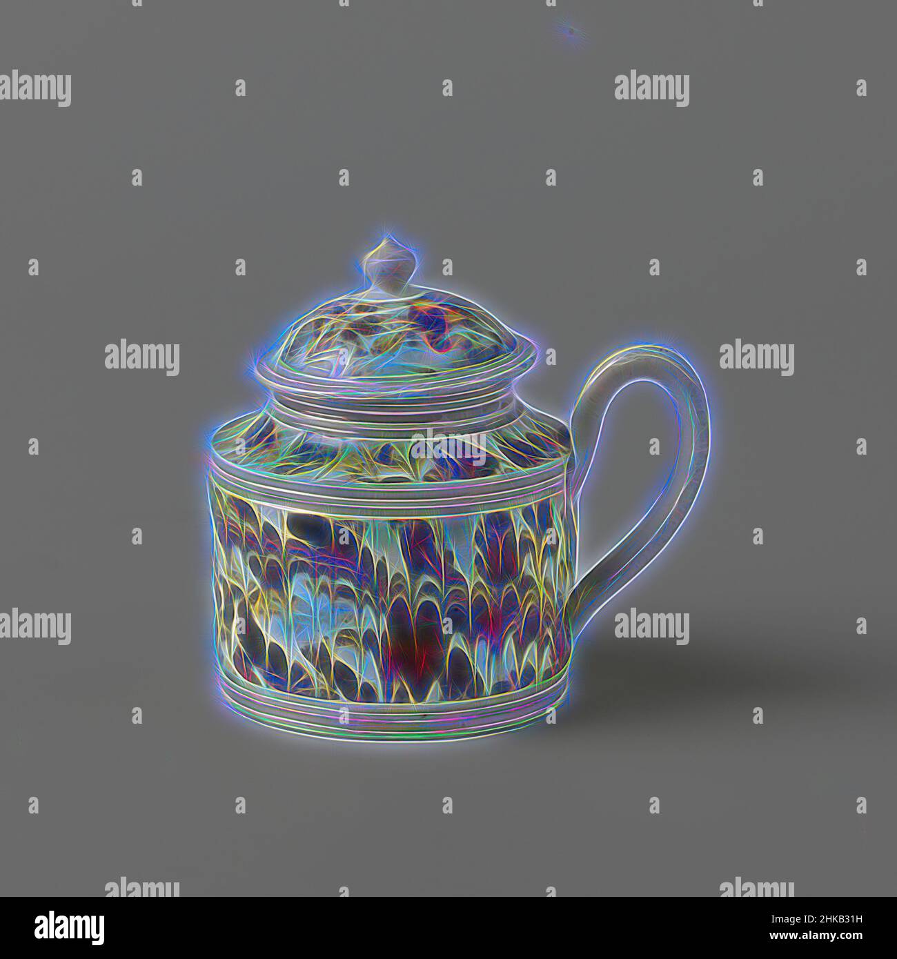 Ispirato al coperchio della pentola di senape o crema di terracotta dura-cotta, creamware con decorazione marmorizzata., Un coperchio a cupola con una manopola., Neale & Co, Staffordshire, c. 1778 - c. 1786, terracotta, diametro 4,7 cm x altezza 2,7 cm, reinventata da Artotop. L'arte classica reinventata con un tocco moderno. Design di calda e allegra luminosità e di raggi di luce. La fotografia si ispira al surrealismo e al futurismo, abbracciando l'energia dinamica della tecnologia moderna, del movimento, della velocità e rivoluzionando la cultura Foto Stock