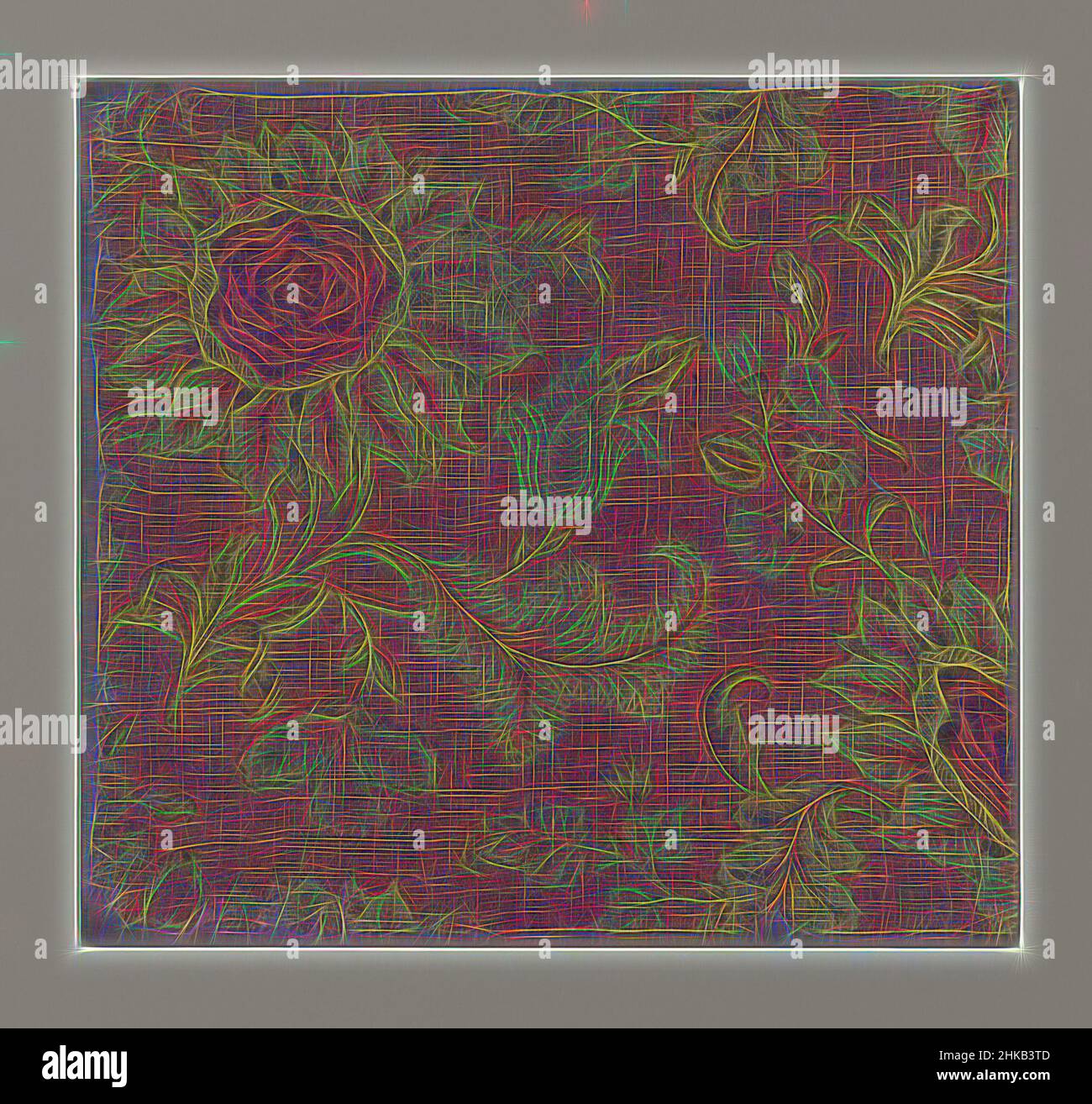 Ispirato da un frammento di tessuto di lino grezzo, macinato rosso, fiori di giallo e marrone, frammento di tessuto di lino grezzo, macinato rosso, fiori di giallo e marrone. Germania, c.. 1750 - c. 1825, lino (materiale), altezza 40 cm x larghezza 40 cm, reinventato da Artotop. L'arte classica reinventata con un tocco moderno. Design di calda e allegra luminosità e di raggi di luce. La fotografia si ispira al surrealismo e al futurismo, abbracciando l'energia dinamica della tecnologia moderna, del movimento, della velocità e rivoluzionando la cultura Foto Stock