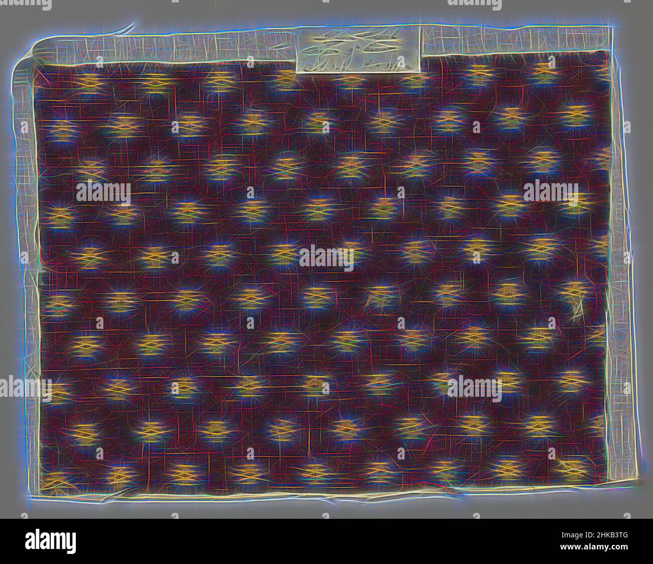 Ispirato da un frammento di tessuto di lino grezzo, con borchie blu, bianche e marroni scuri, un frammento di tessuto di lino grezzo, con borchie blu, bianche e marroni scuri su terreno marrone. Spagna., c.. 1800 - c. 1825, lino (materiale), altezza 23 cm x larghezza 30 cm, reinventato da Artotop. L'arte classica reinventata con un tocco moderno. Design di calda e allegra luminosità e di raggi di luce. La fotografia si ispira al surrealismo e al futurismo, abbracciando l'energia dinamica della tecnologia moderna, del movimento, della velocità e rivoluzionando la cultura Foto Stock