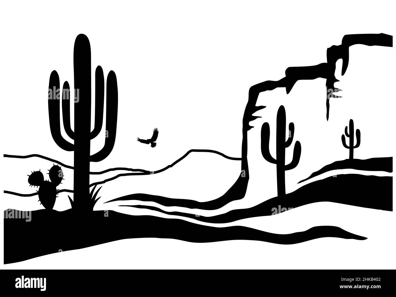 Deserto americano con cactus e sole. Immagine grafica vettoriale vintage dell'Arizona Desert su sfondo a trama vecchia Illustrazione Vettoriale