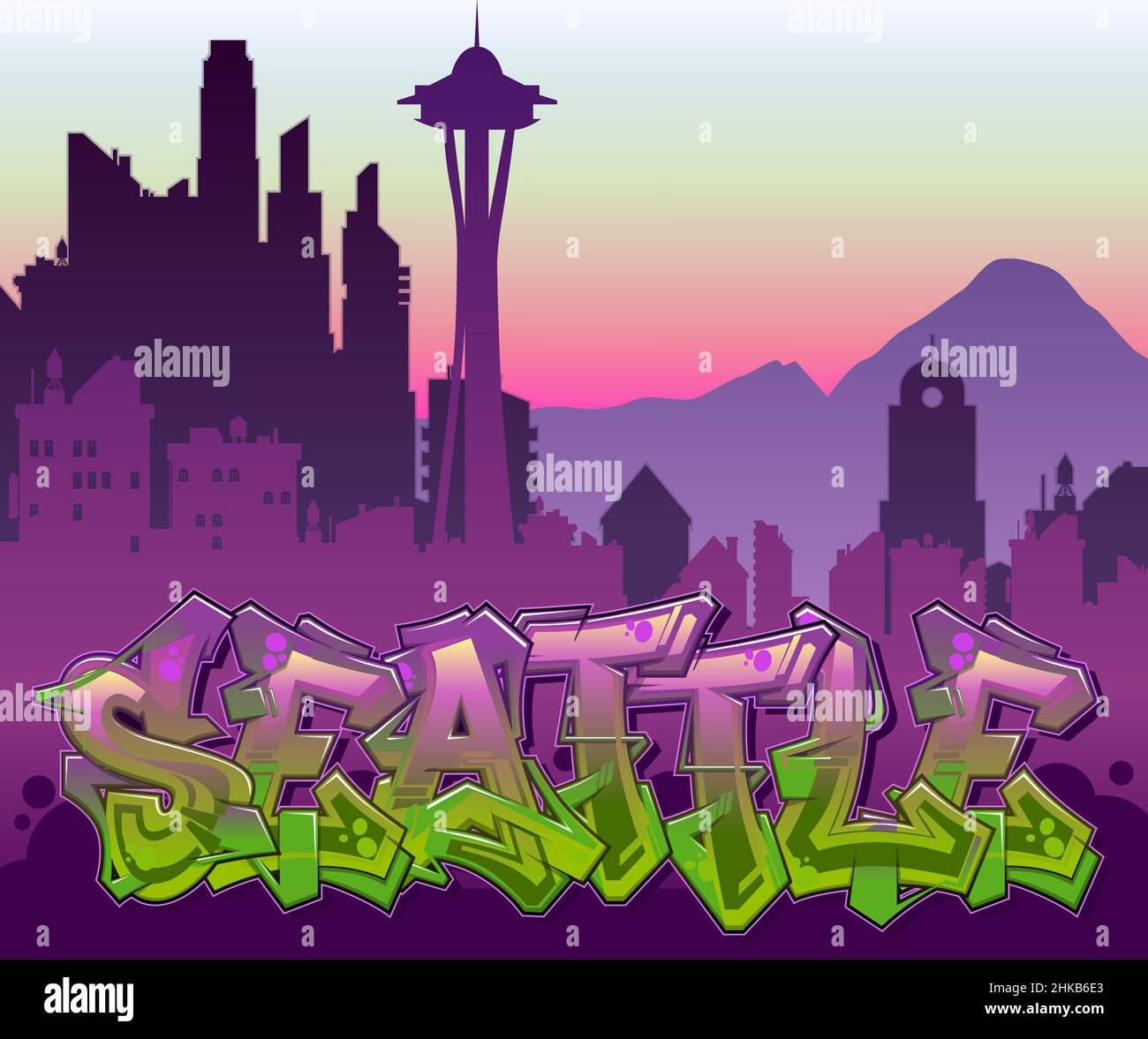 Seattle Silhouette Skyline sfondo con logo Graffiti Illustrazione Vettoriale