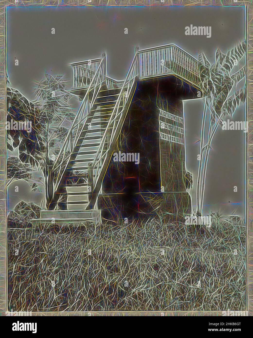 Ispirata alla Waterfront Watch Tower, torre di guardia con scale e balaustra sul lungomare, sul lato è l'iscrizione: Swim Facility Kroeng Pantjoer prende un bagno! Foto incollate sulle carte finali in fondo ad un album di 107 foto sulla costruzione della strada Gajo sul Nord Sumatra tra, reimmaginato da Artotop. L'arte classica reinventata con un tocco moderno. Design di calda e allegra luminosità e di raggi di luce. La fotografia si ispira al surrealismo e al futurismo, abbracciando l'energia dinamica della tecnologia moderna, del movimento, della velocità e rivoluzionando la cultura Foto Stock