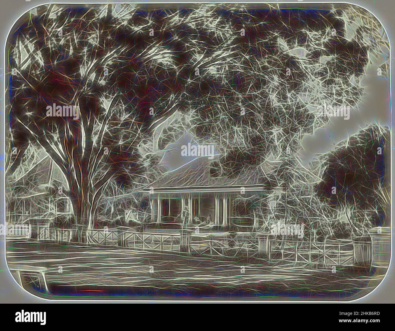 Ispirato da Casa sul Molenvliet, Una casa sul Molenvliet Est a Batavia. Di fronte alla casa un albero molto grande, sulle scale è una famiglia con bambini. Foto incollata nell'album fotografico intitolato: Faces of Java., Woodbury & Page, Batavia, 1870 - 1879, stampa albume, Altezza 187 mm x larghezza 242, reinventata da Artotop. L'arte classica reinventata con un tocco moderno. Design di calda e allegra luminosità e di raggi di luce. La fotografia si ispira al surrealismo e al futurismo, abbracciando l'energia dinamica della tecnologia moderna, del movimento, della velocità e rivoluzionando la cultura Foto Stock