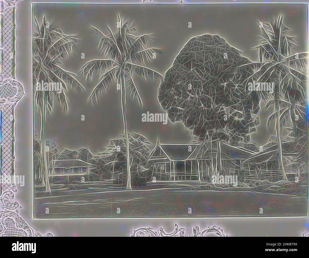 Ispirato da edifici sotto gli alberi, vista di alcuni edifici sotto le palme in un luogo in Borneo. Fotografia nell'album fotografico sull'estrazione dell'olio in Borneo da parte della Royal Dutch Petroleum Company (KNPM) negli anni 1903-1907., Kalimantan, 1903 - 1907, carta, gelatina stampa argento, Altezza 215 mm x larghezza, reinventata da Artotop. L'arte classica reinventata con un tocco moderno. Design di calda e allegra luminosità e di raggi di luce. La fotografia si ispira al surrealismo e al futurismo, abbracciando l'energia dinamica della tecnologia moderna, del movimento, della velocità e rivoluzionando la cultura Foto Stock