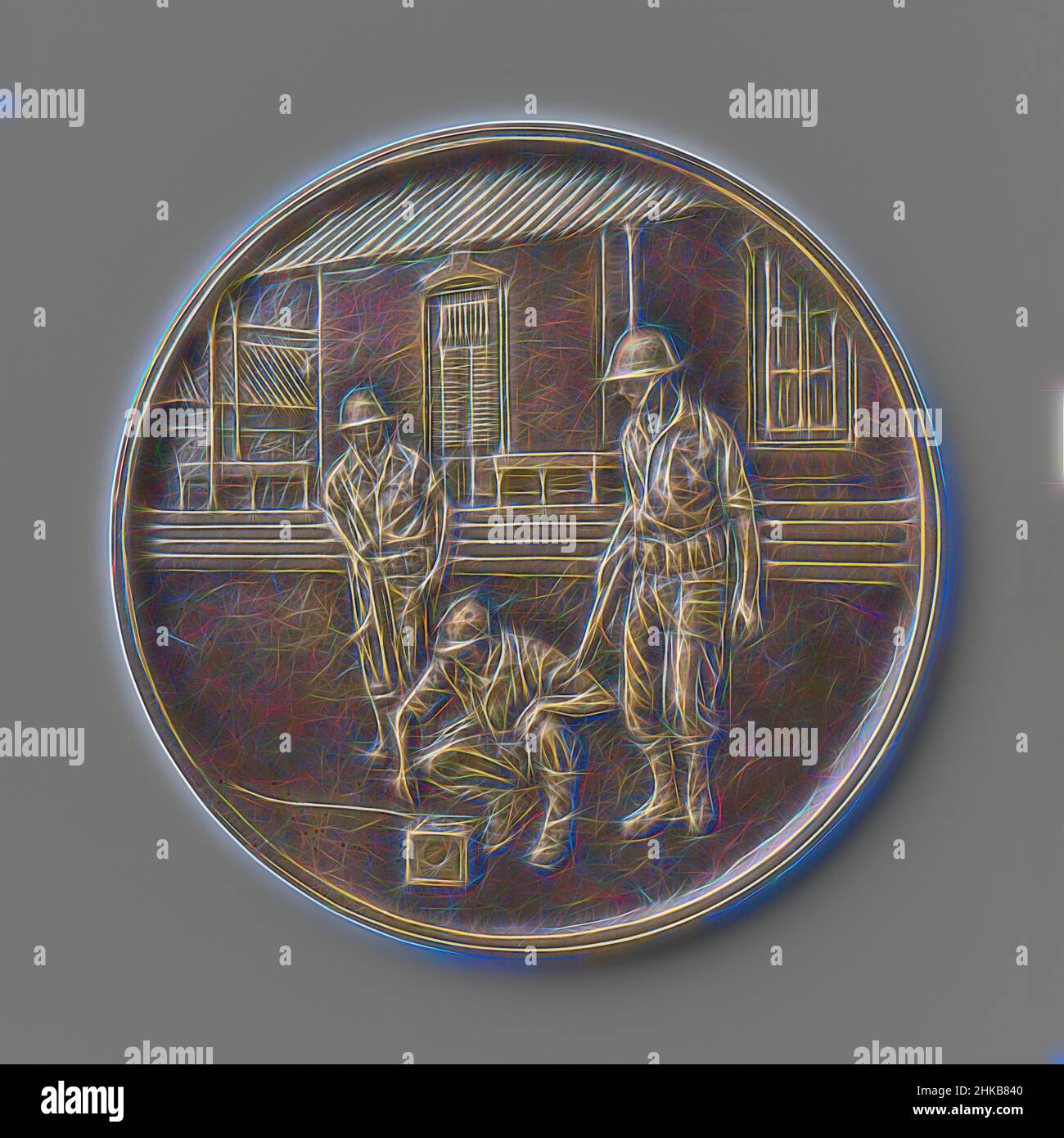 Ispirato dalla Liberazione della fabbrica di zucchero di Djatiroto 22 luglio 1947, medaglia di bronzo in scatola blu. Fronte: Tre marines, quello anteriore accovacciato vicino ad una batteria. Le altre due figure si alzano, fucile al pronto, accanto alla prima. Sullo sfondo la costruzione amministrativa della fabbrica di zucchero. Questo, reinventato da Artotop. L'arte classica reinventata con un tocco moderno. Design di calda e allegra luminosità e di raggi di luce. La fotografia si ispira al surrealismo e al futurismo, abbracciando l'energia dinamica della tecnologia moderna, del movimento, della velocità e rivoluzionando la cultura Foto Stock