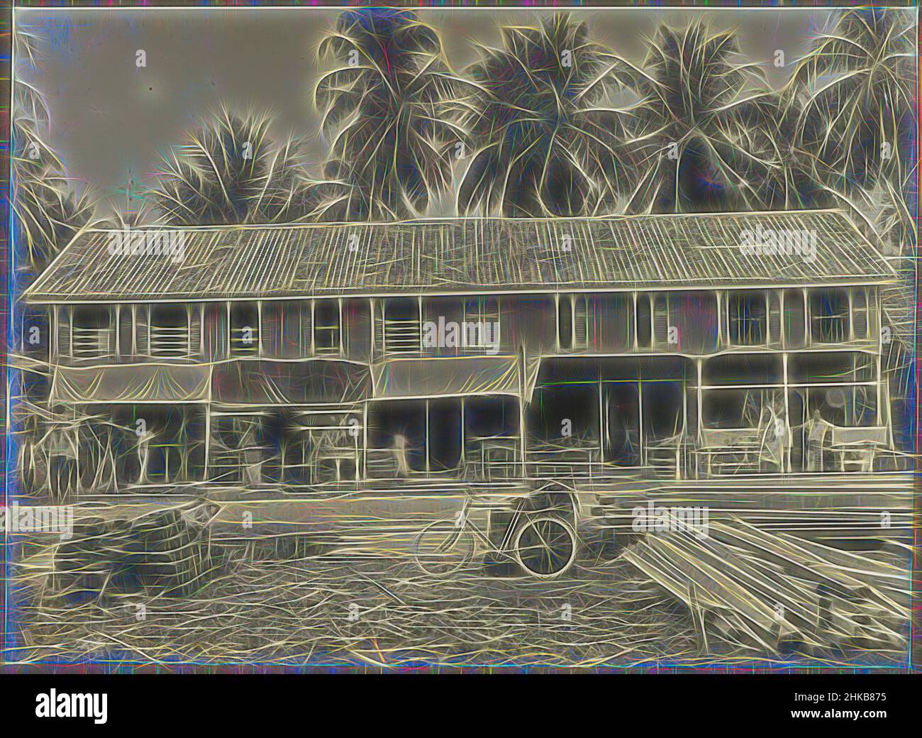 Ispirata alla messa in servizio di un negozio, la messa in servizio del blocco finito con diversi negozi, probabilmente a Medan. In primo piano una bicicletta e pile di materiali da costruzione rimanenti. Foto nell'album fotografico della ditta olandese Bennink e Riphagen in Medan, Reimagined by Artotop. L'arte classica reinventata con un tocco moderno. Design di calda e allegra luminosità e di raggi di luce. La fotografia si ispira al surrealismo e al futurismo, abbracciando l'energia dinamica della tecnologia moderna, del movimento, della velocità e rivoluzionando la cultura Foto Stock