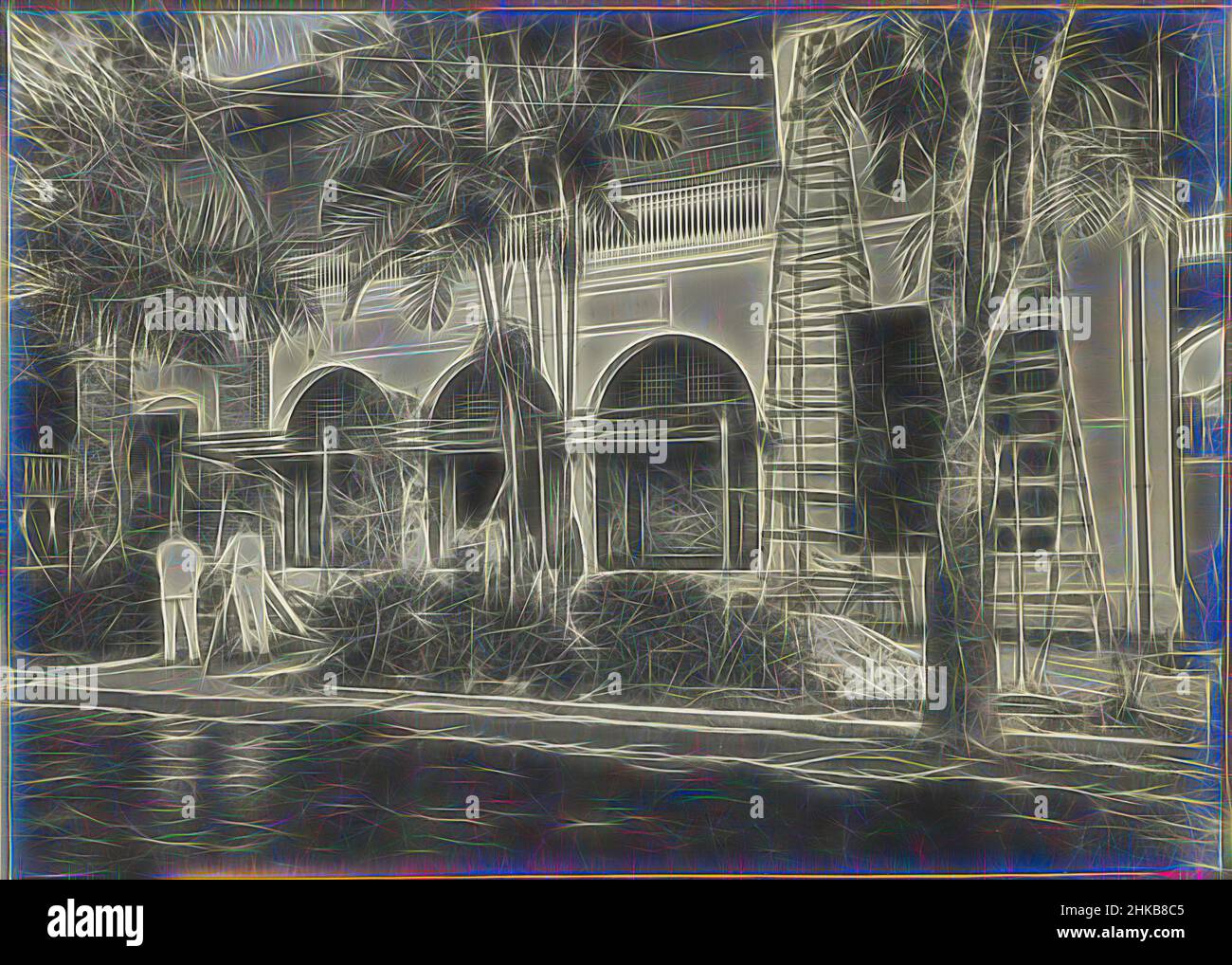 Ispirato da attività di lavoro sulla costruzione di Rathkamp &amp; Co., attività di lavoro eseguite dalla società di costruzione sulla parte anteriore della costruzione della farmacia Rathkamp &amp; Co., probabilmente a Medan. Foto nell'album fotografico della ditta olandese Bennink e Riphagen in, Reimagined by Artotop. L'arte classica reinventata con un tocco moderno. Design di calda e allegra luminosità e di raggi di luce. La fotografia si ispira al surrealismo e al futurismo, abbracciando l'energia dinamica della tecnologia moderna, del movimento, della velocità e rivoluzionando la cultura Foto Stock