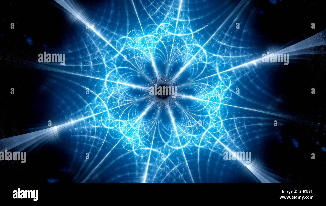 Hub circolare luminoso blu con connessioni nello spazio, sfondo astratto generato dal computer, rendering 3D Foto Stock
