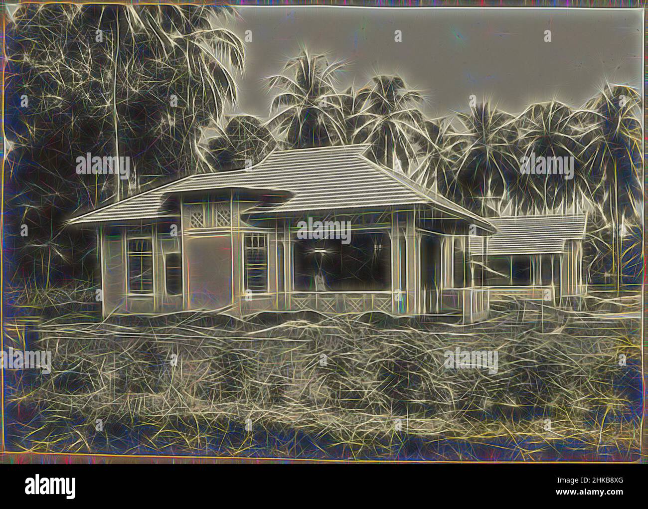 Ispirati ad alcuni edifici completati in un complesso edilizio, alcuni edifici completati in un cantiere con un gruppo di edifici, probabilmente a Medan. Foto nell'album fotografico della ditta olandese Bennink e Riphagen a Medan negli anni ca. 1914-1919., Medan, 1914 - 1919, Reimagined by Artotop. L'arte classica reinventata con un tocco moderno. Design di calda e allegra luminosità e di raggi di luce. La fotografia si ispira al surrealismo e al futurismo, abbracciando l'energia dinamica della tecnologia moderna, del movimento, della velocità e rivoluzionando la cultura Foto Stock