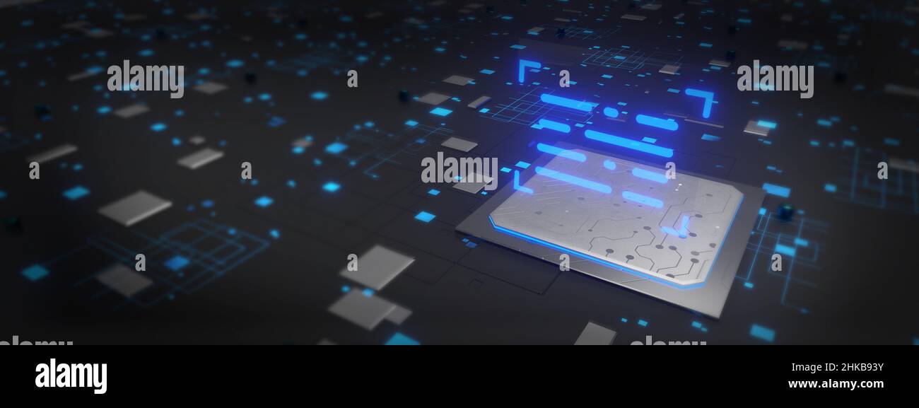 Concetto di per l'apprendimento automatico profondo, cripto valuta, hi-tech prodotti usi. Visualizzazione dei big data, elaborazione della cpu 3D illustrazione Foto Stock