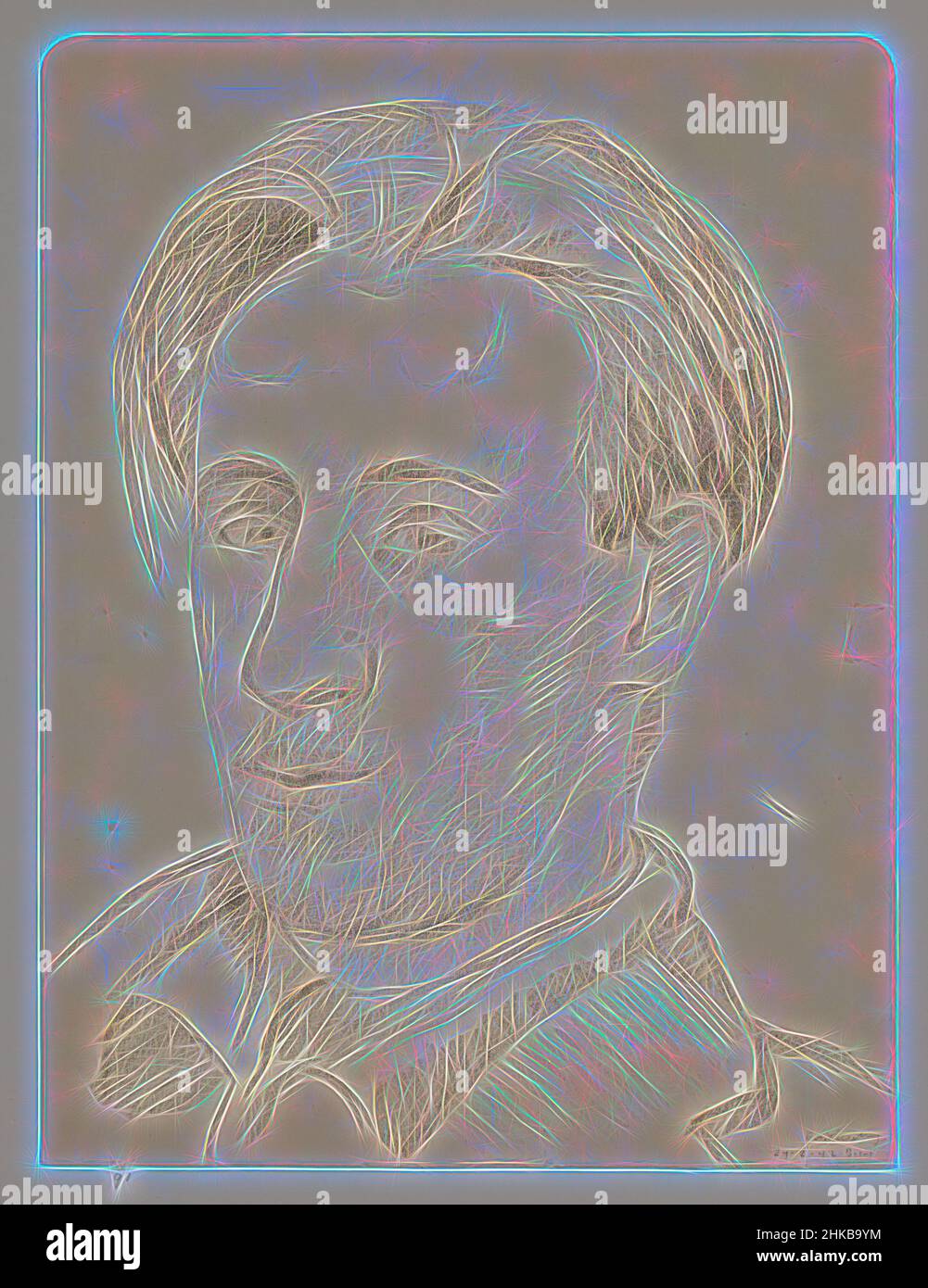 Ispirato da Autoritratto: B-1-1, Febbraio 27, Autoritratti di Cor van Teeseling, Autoritratto di Cor van Teeseling tre quarti, guardando a sinistra: B-1-1, Febbraio 27., disegnatore: Cor van Teeseling, Weteringschans, 27-Feb-1942, gesso, carta, Altezza 32,0 cm x larghezza 24,0 cm, reinventato da Artotop. L'arte classica reinventata con un tocco moderno. Design di calda e allegra luminosità e di raggi di luce. La fotografia si ispira al surrealismo e al futurismo, abbracciando l'energia dinamica della tecnologia moderna, del movimento, della velocità e rivoluzionando la cultura Foto Stock