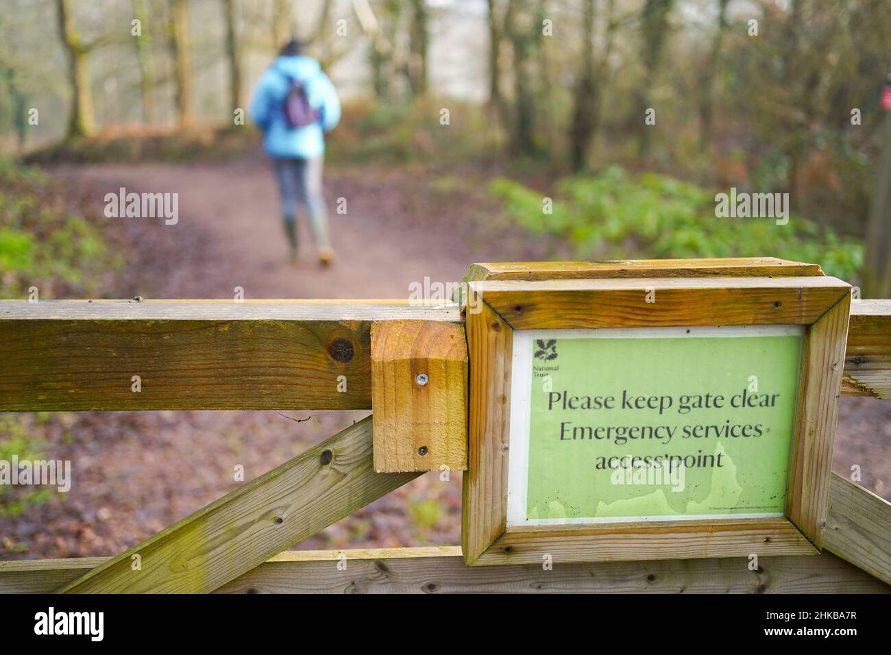 Polite, cartello di campagna in National Trust UK Woodland che ricorda a escursionisti e bastioni 'si prega di tenere cancello chiaro, servizi di emergenza - punto di accesso'. Foto Stock