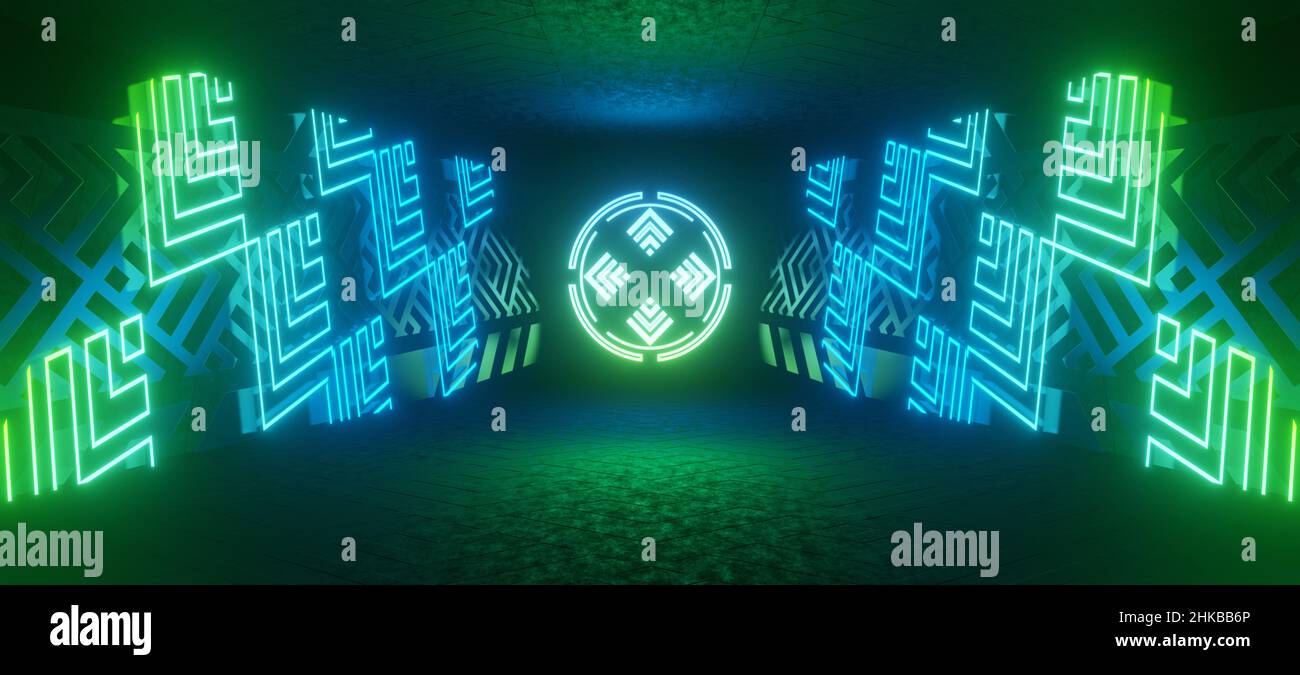 Futuristica cyber città in verde luci al neon contro la superficie della griglia. Quadrati al neon luminosi. 3D Illustrazione Foto Stock