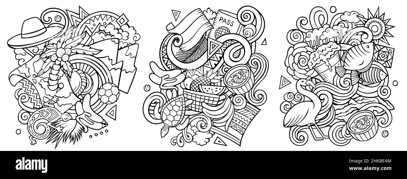 Ecuador cartoon vettore Doodle disegni set. Composizioni dettagliate di schizzo con molti simboli tradizionali. Isolato su illustrazioni bianche Illustrazione Vettoriale