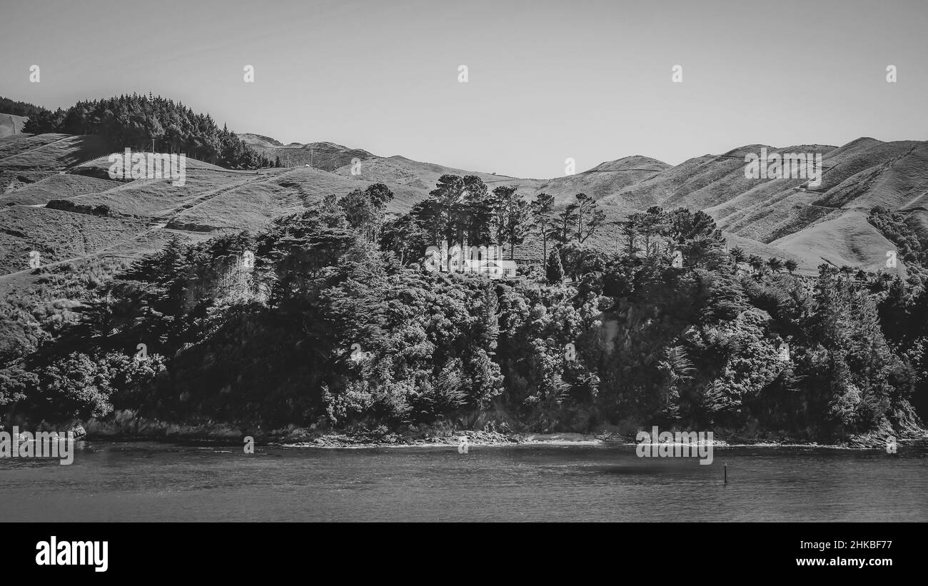 Casa isolata sulla costa della Nuova Zelanda Foto Stock