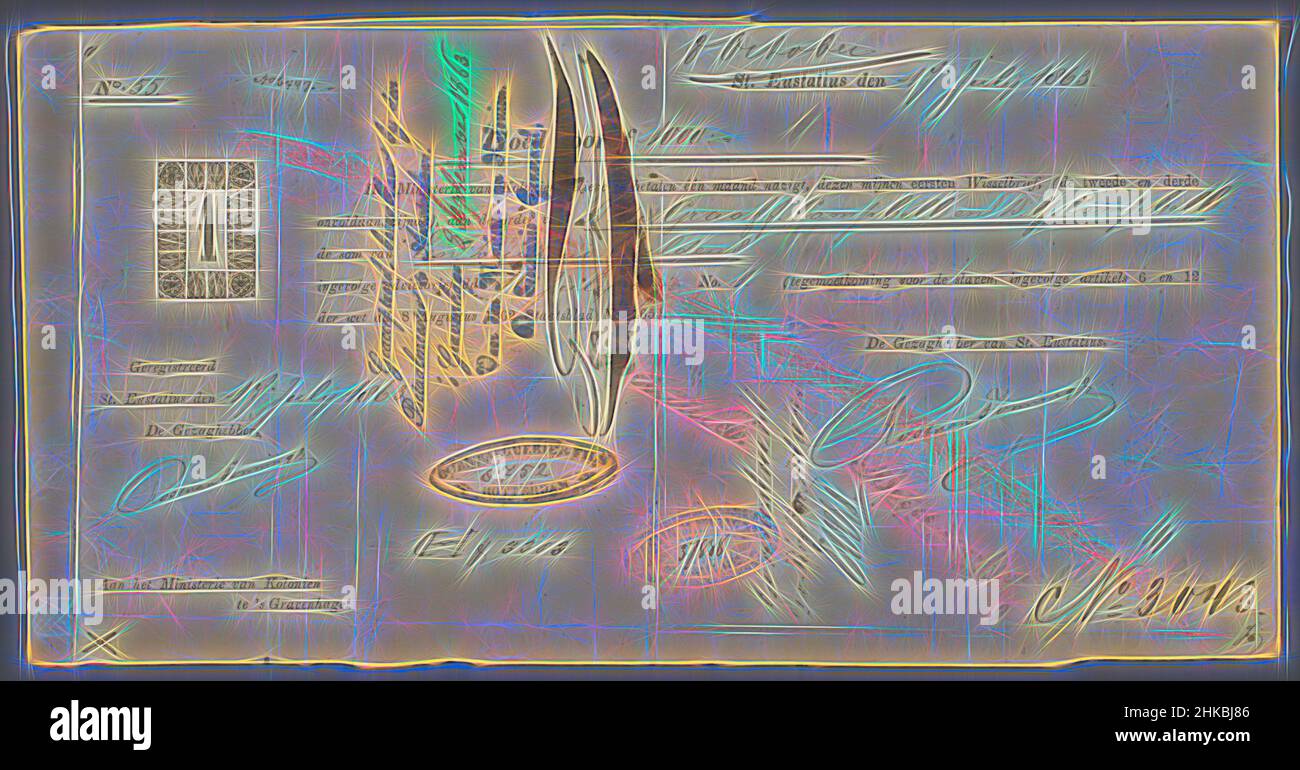 Ispirato da Bill of Exchange per A. de Graaff Campbell e D.Y. Campbell, schiavi proprietari di Sant'Eustatio, cambiale del valore di 1000 gilders nel nome di A. de Graaff Campbell e D.Y. Campbell, 17 luglio 1863. Cambiale emesso a slaveholders su Sant'Eustatius per compensarli al, reimmaginato da Artotop. L'arte classica reinventata con un tocco moderno. Design di calda e allegra luminosità e di raggi di luce. La fotografia si ispira al surrealismo e al futurismo, abbracciando l'energia dinamica della tecnologia moderna, del movimento, della velocità e rivoluzionando la cultura Foto Stock
