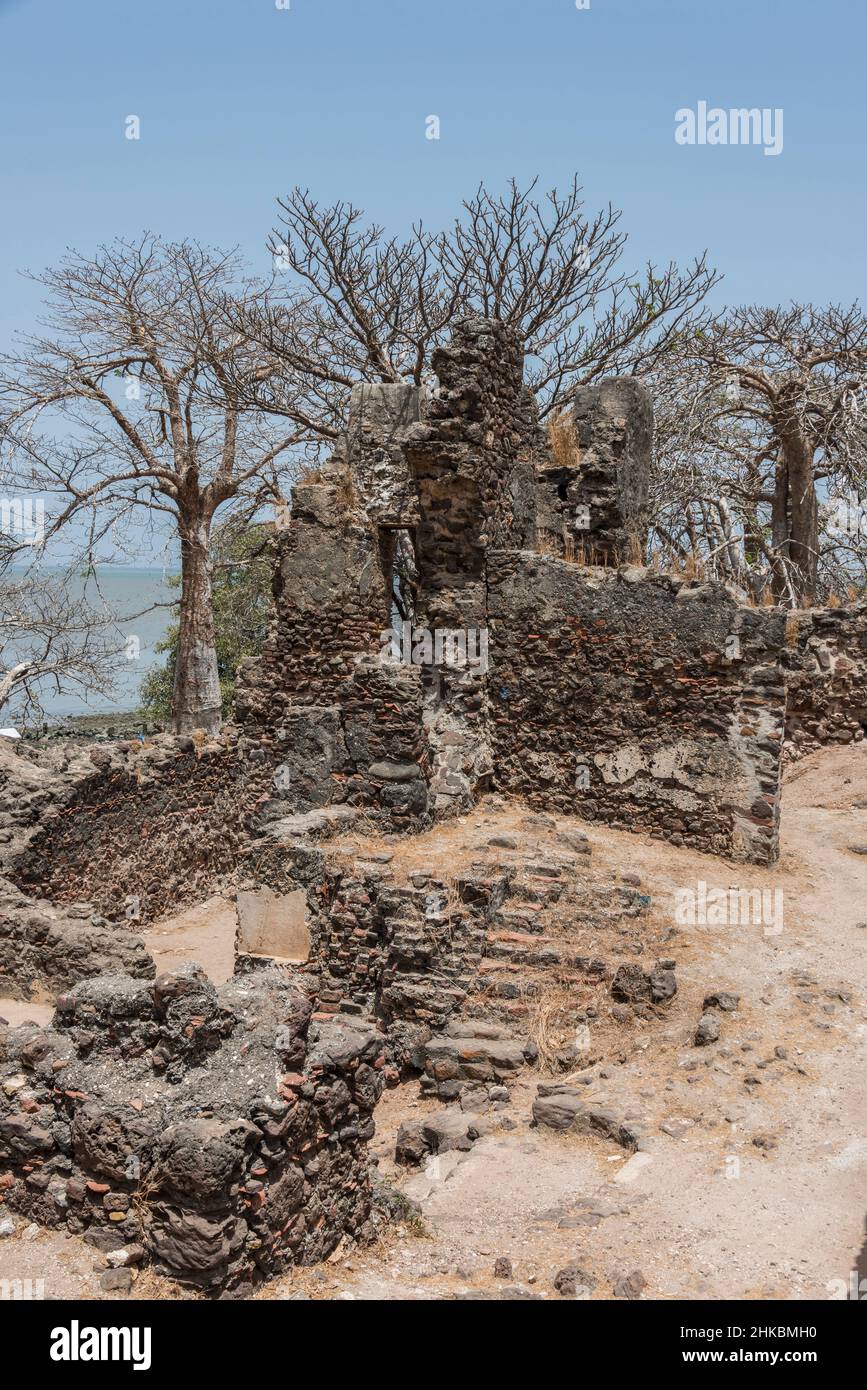 Resti delle mura del vecchio forte su James Island nel fiume Gambia Foto Stock