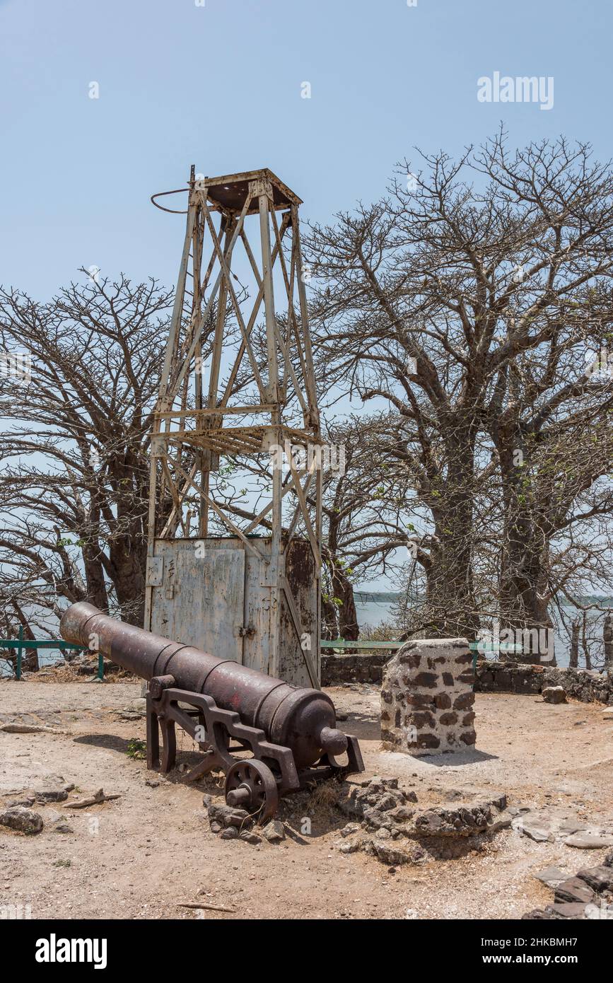 Antiche torri e cannoni sull'isola di James nel fiume Gambia Foto Stock