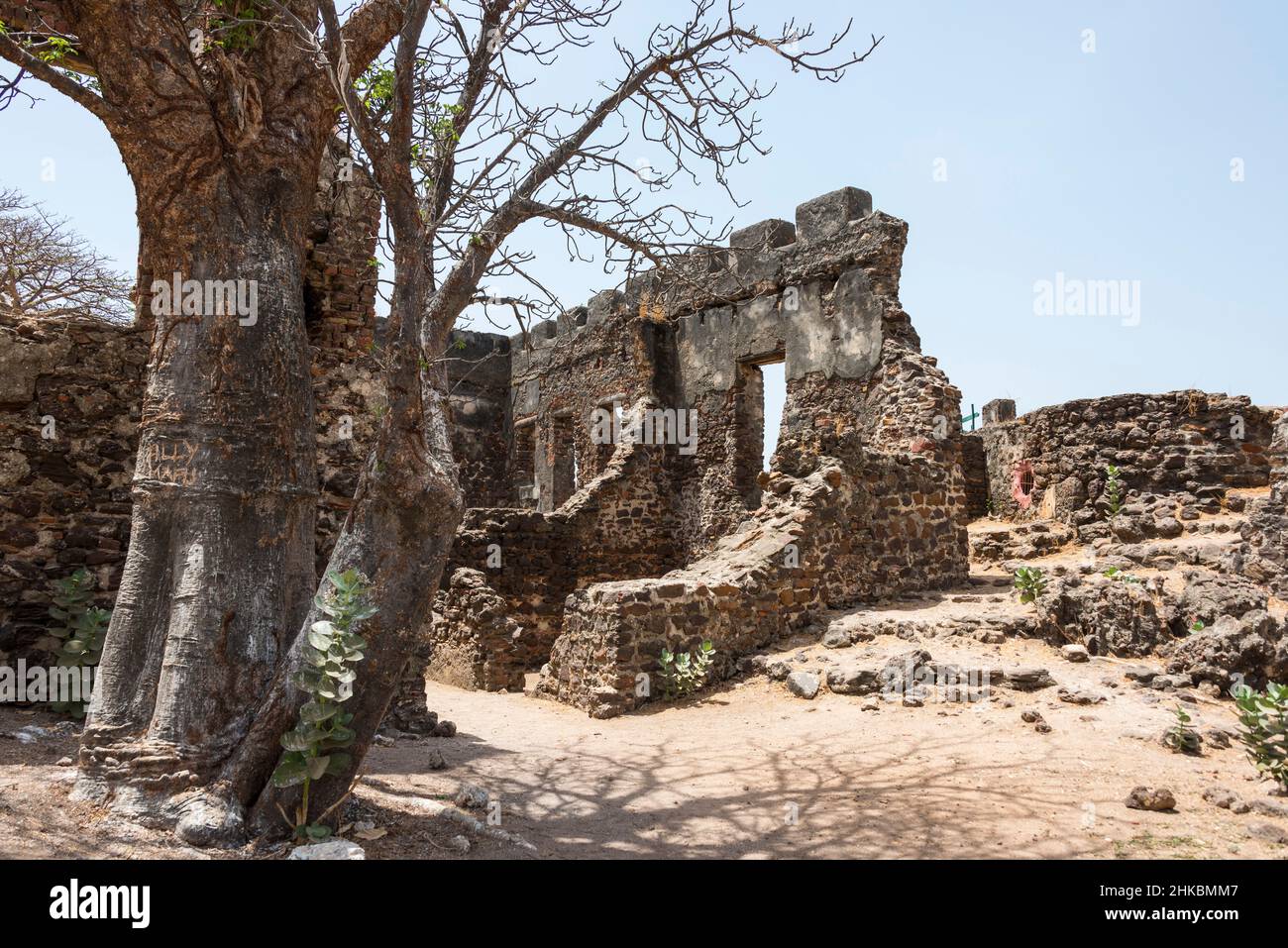 Resti rovinati del vecchio forte sull'isola di James nel fiume Gambia Foto Stock