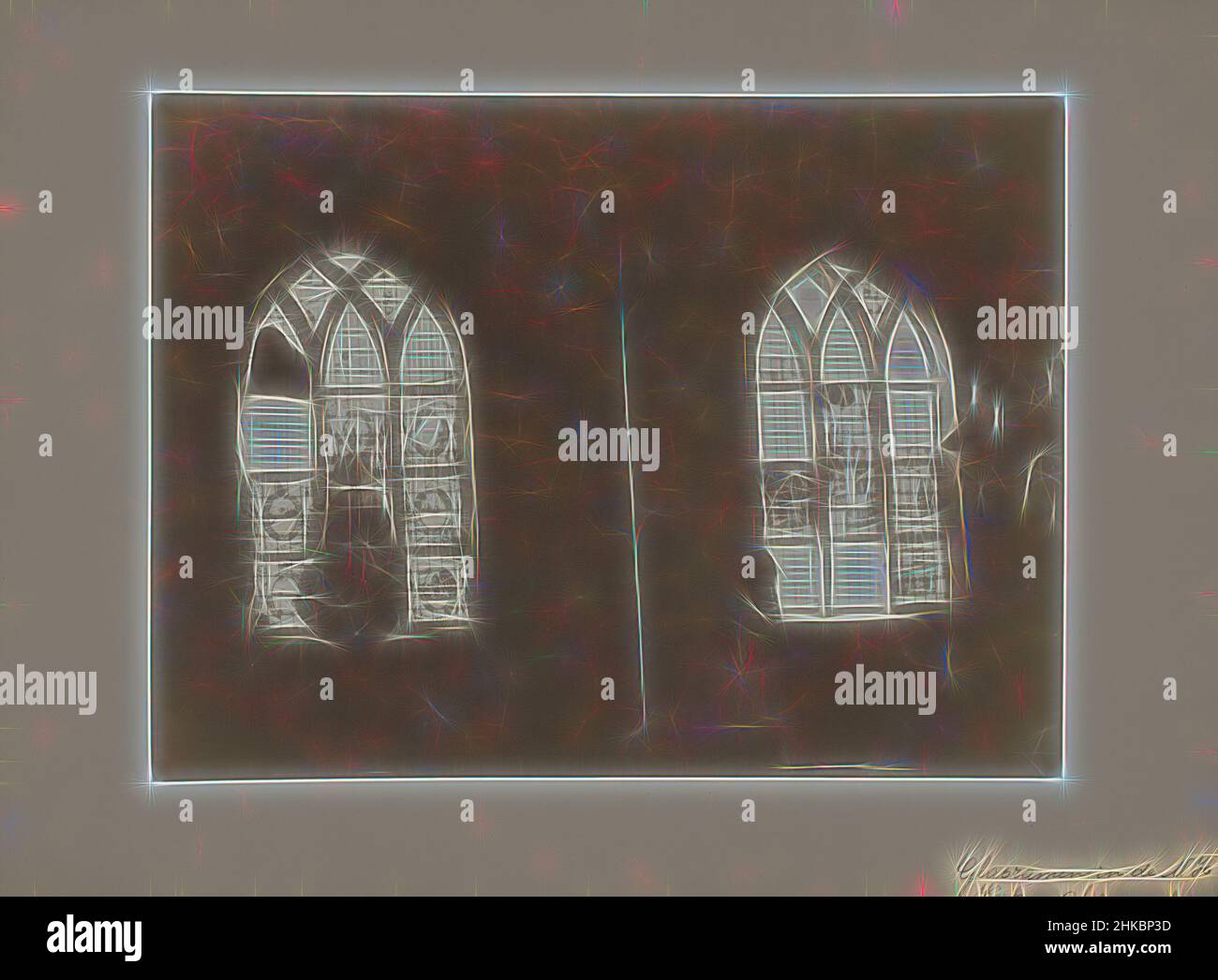Ispirato da finestre dipinte nella Grande Chiesa di Schermerhorn, A.J.M. Mulder, Schermerhorn, c.. 1890 - c. 1910, stampa albume, altezza 172 mm x larghezza 230 mm, reinventata da Artotop. L'arte classica reinventata con un tocco moderno. Design di calda e allegra luminosità e di raggi di luce. La fotografia si ispira al surrealismo e al futurismo, abbracciando l'energia dinamica della tecnologia moderna, del movimento, della velocità e rivoluzionando la cultura Foto Stock