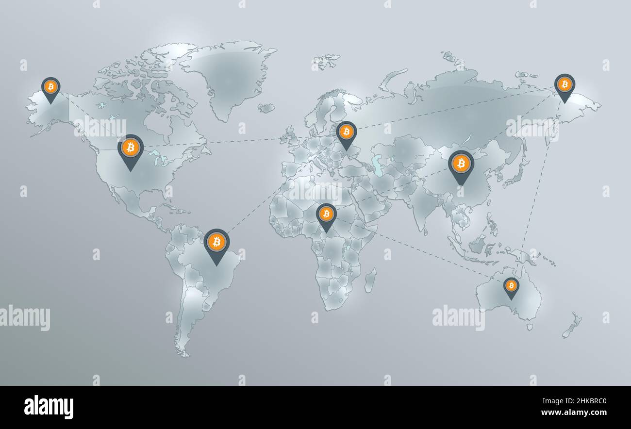Mappa del mondo, rete bitcoin e icone puntatore, separa gli stati, disegno vetro scheda vettore 3D Illustrazione Vettoriale