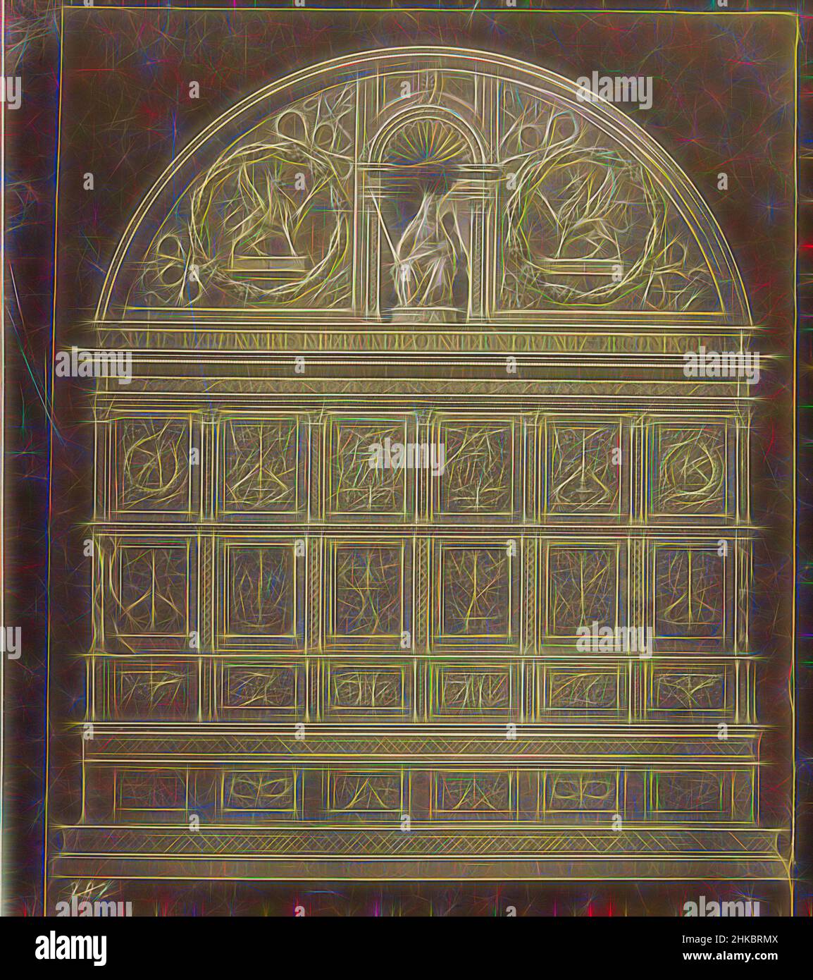 Ispirata alla fotoreproduzione di (presumibilmente) un quadro di un pannello con la Giustizia e due griffini, c.. 1875 - c. 1900, stampa albume, altezza 214 mm x larghezza 185 mm, reinventata da Artotop. L'arte classica reinventata con un tocco moderno. Design di calda e allegra luminosità e di raggi di luce. La fotografia si ispira al surrealismo e al futurismo, abbracciando l'energia dinamica della tecnologia moderna, del movimento, della velocità e rivoluzionando la cultura Foto Stock