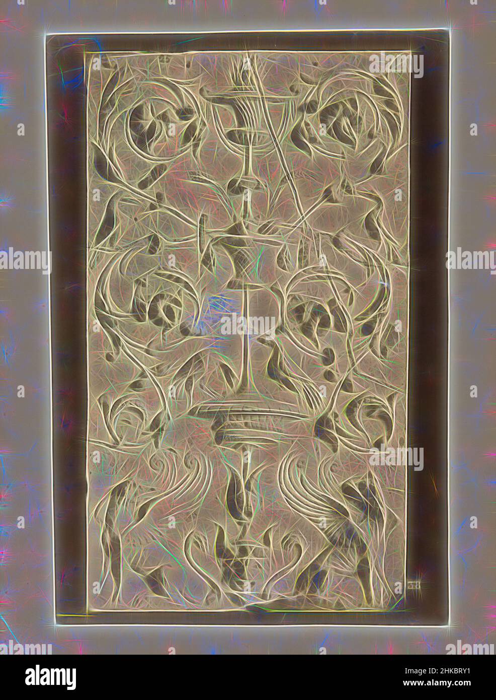 Ispirato da Relief con arabeschi, uccelli e due griffin, c.. 1875 - c. 1900, stampa albume, altezza 263 mm x larghezza 175 mm, reinventata da Artotop. L'arte classica reinventata con un tocco moderno. Design di calda e allegra luminosità e di raggi di luce. La fotografia si ispira al surrealismo e al futurismo, abbracciando l'energia dinamica della tecnologia moderna, del movimento, della velocità e rivoluzionando la cultura Foto Stock