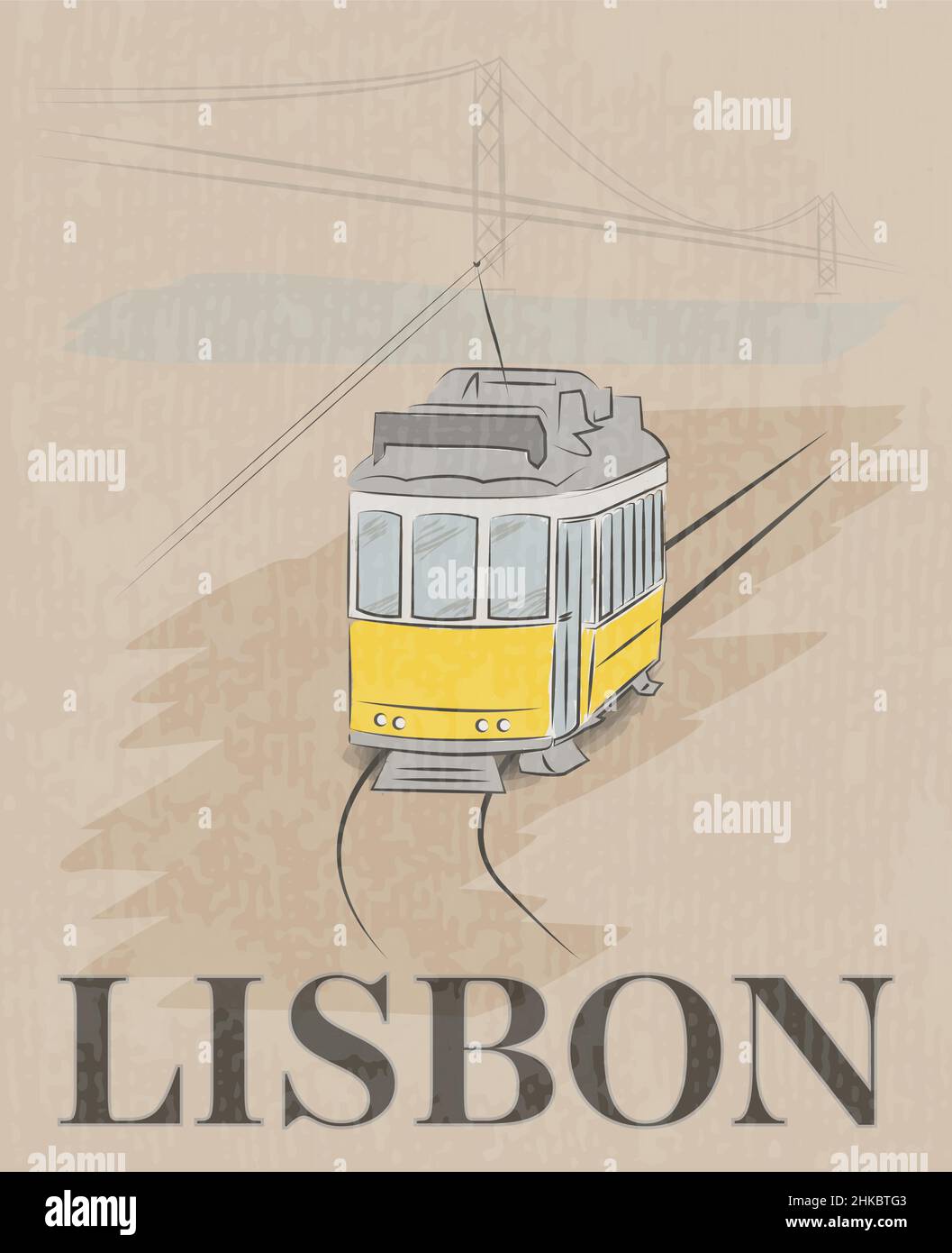 Poster raffigurato a mano a Lisbona con tram e ponte 25 de Abril, illustrazione vettoriale Illustrazione Vettoriale