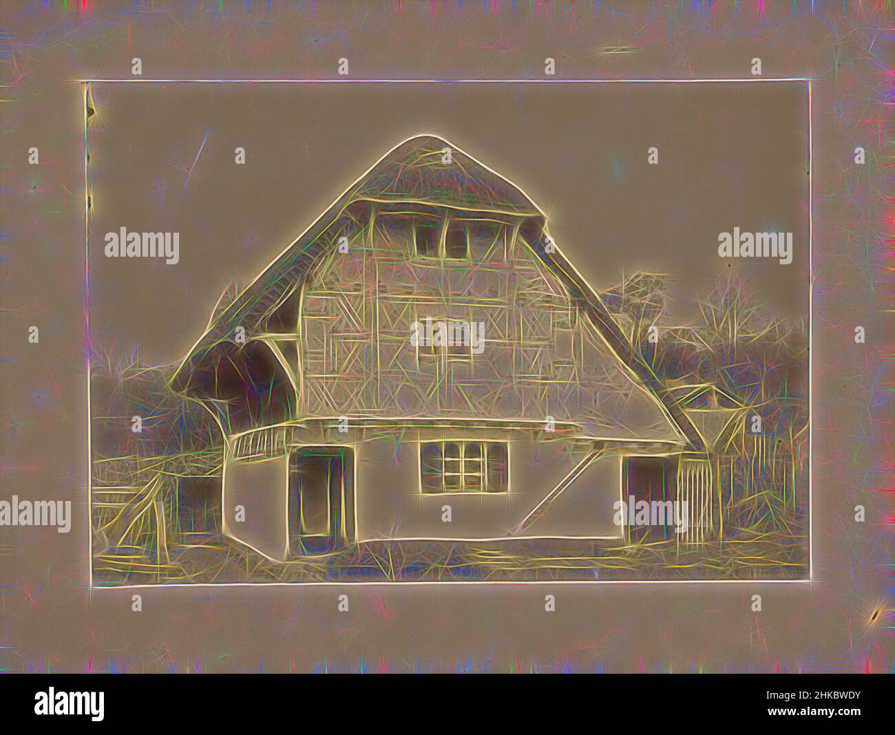 Ispirato da casa a graticcio a Wahlwiller in Limburg, Wahlwiller, c.. 1875 - c. 1900, stampa albume, altezza 167 mm x larghezza 239 mm, reinventata da Artotop. L'arte classica reinventata con un tocco moderno. Design di calda e allegra luminosità e di raggi di luce. La fotografia si ispira al surrealismo e al futurismo, abbracciando l'energia dinamica della tecnologia moderna, del movimento, della velocità e rivoluzionando la cultura Foto Stock