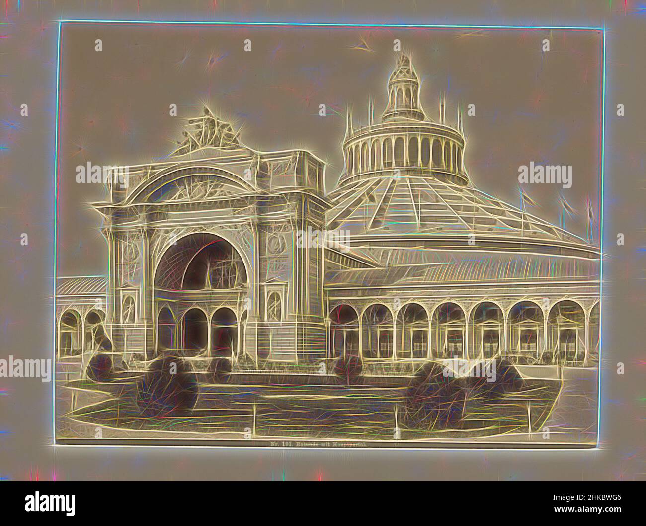 Ispirato da Rotunde con ingresso principale alla Fiera Mondiale del 1873 a Vienna, Rotunde mit Hauptportal., klösz, Vienna, c.. 1-Maggio-1873 - c.. 1-Nov-1873, stampa albume, altezza 194 mm x larghezza 250 mm, reinventata da Artotop. L'arte classica reinventata con un tocco moderno. Design di calda e allegra luminosità e di raggi di luce. La fotografia si ispira al surrealismo e al futurismo, abbracciando l'energia dinamica della tecnologia moderna, del movimento, della velocità e rivoluzionando la cultura Foto Stock