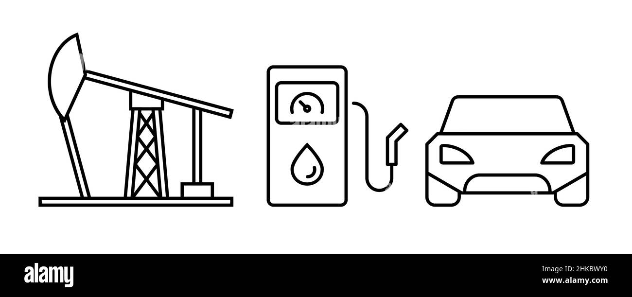 Carro di perforazione dell'olio, pompa del gas e icona della linea dell'auto. Concetto di energia Fossill. Inquinamento atmosferico. Emissioni di gas a effetto serra. Riscaldamento globale. Cambiamenti climatici. Vettore Illustrazione Vettoriale