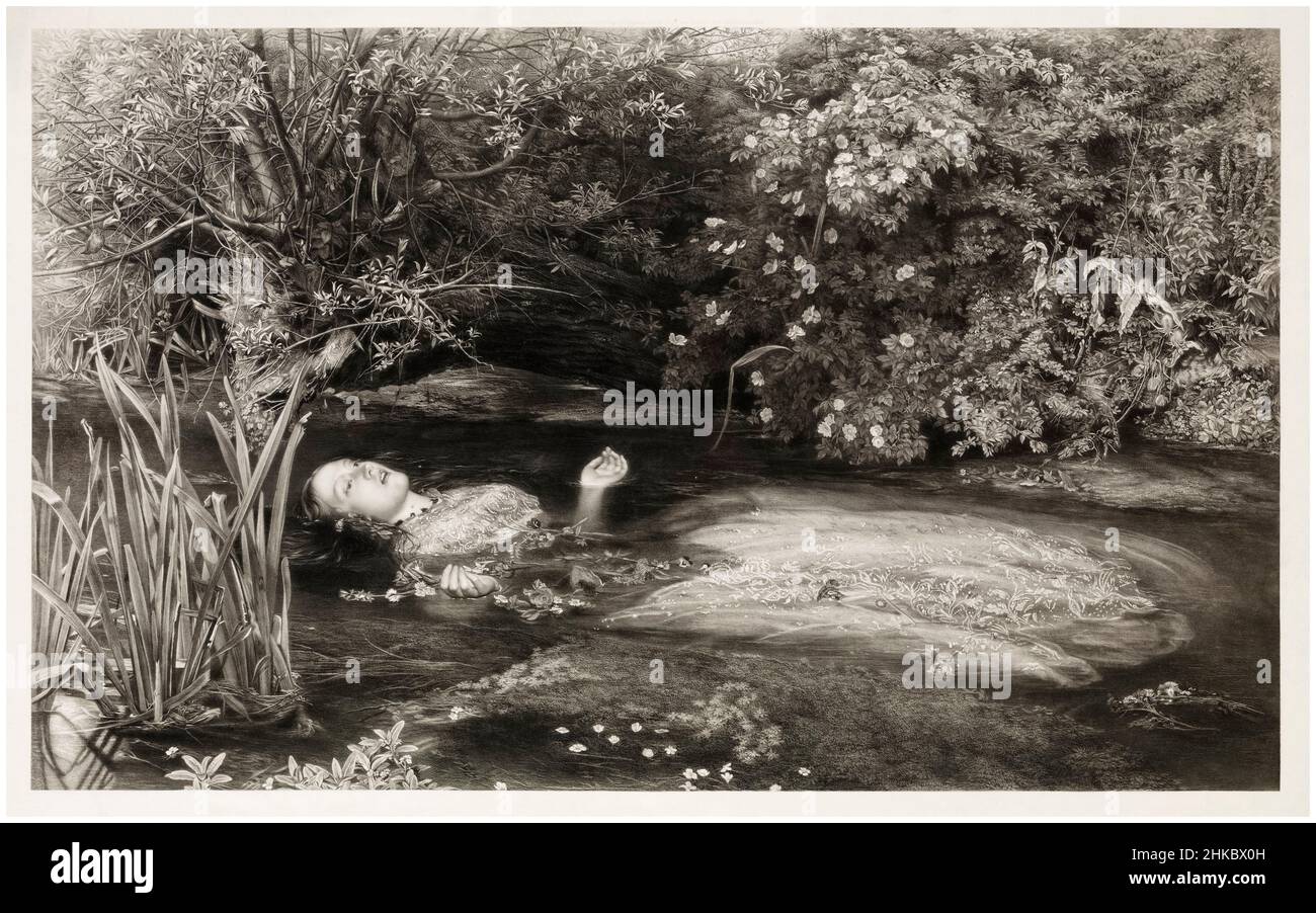 Ophelia (Shakespeare: Frazione, atto 4 scena 7, la morte di Ophelia), mezzotinta stampata da John Stephenson dopo Sir John Everett Millais, 1866 Foto Stock