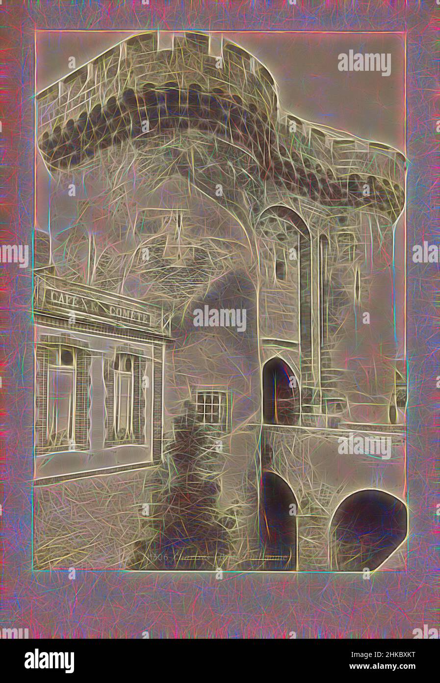 Ispirato da Porte Guillaime a Chartres, Chartres (Porte Guillaume), Séraphin-Médéric Mieusement, Chartres, c.. 1875 - c. 1900, stampa albume, altezza 345 mm x larghezza 239 mm, reinventata da Artotop. L'arte classica reinventata con un tocco moderno. Design di calda e allegra luminosità e di raggi di luce. La fotografia si ispira al surrealismo e al futurismo, abbracciando l'energia dinamica della tecnologia moderna, del movimento, della velocità e rivoluzionando la cultura Foto Stock