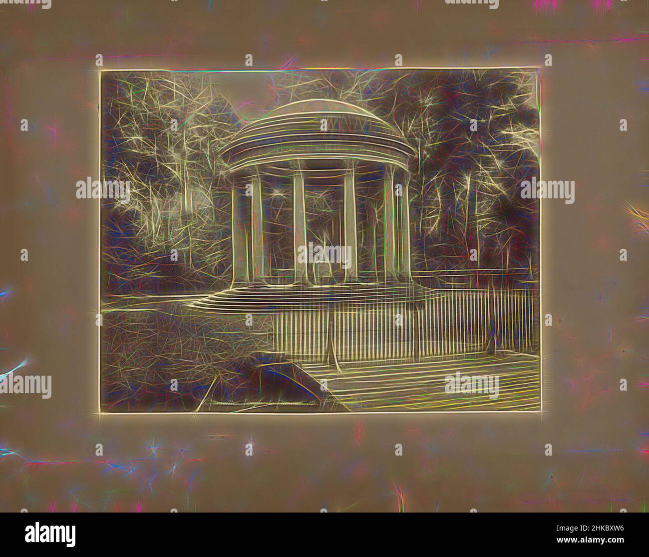 Ispirato al Tempio de l'Amour a Versailles, Versailles - Tempio de l'amour - JD (Pt Trainon), Versailles, c.. 1875 - c. 1900, stampa albume, altezza 219 mm x larghezza 285 mm, reinventata da Artotop. L'arte classica reinventata con un tocco moderno. Design di calda e allegra luminosità e di raggi di luce. La fotografia si ispira al surrealismo e al futurismo, abbracciando l'energia dinamica della tecnologia moderna, del movimento, della velocità e rivoluzionando la cultura Foto Stock