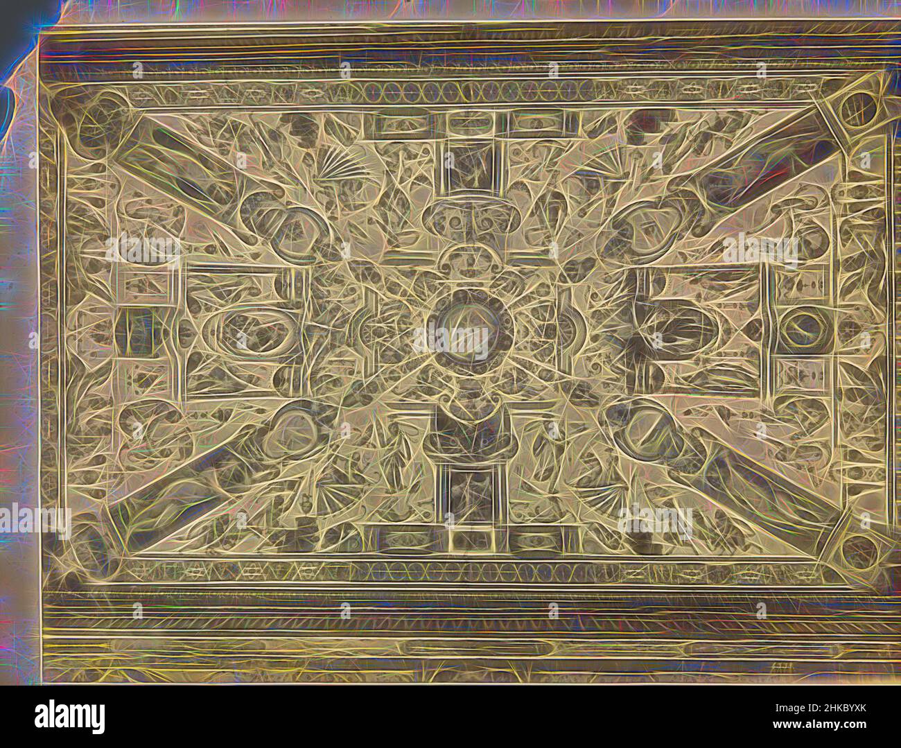 Ispirata alla fotoreproduzione di un dipinto a soffitto che raffigura una collezione di figure mitologiche e quattro putti che portano gli angoli, Europa, c.. 1875 - c. 1900, stampa albume, altezza 323 mm x larghezza 423 mm, reinventata da Artotop. L'arte classica reinventata con un tocco moderno. Design di calda e allegra luminosità e di raggi di luce. La fotografia si ispira al surrealismo e al futurismo, abbracciando l'energia dinamica della tecnologia moderna, del movimento, della velocità e rivoluzionando la cultura Foto Stock