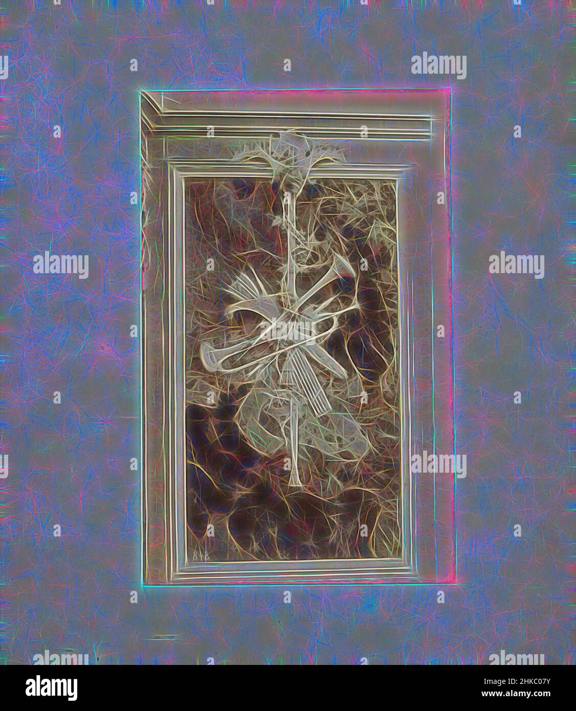 Ispirato da rilievo di un fremito di frecce, trombone e altri strumenti eolici, Europa, c.. 1875 - c. 1900, stampa albume, altezza 210 mm x larghezza 132 mm, reinventata da Artotop. L'arte classica reinventata con un tocco moderno. Design di calda e allegra luminosità e di raggi di luce. La fotografia si ispira al surrealismo e al futurismo, abbracciando l'energia dinamica della tecnologia moderna, del movimento, della velocità e rivoluzionando la cultura Foto Stock