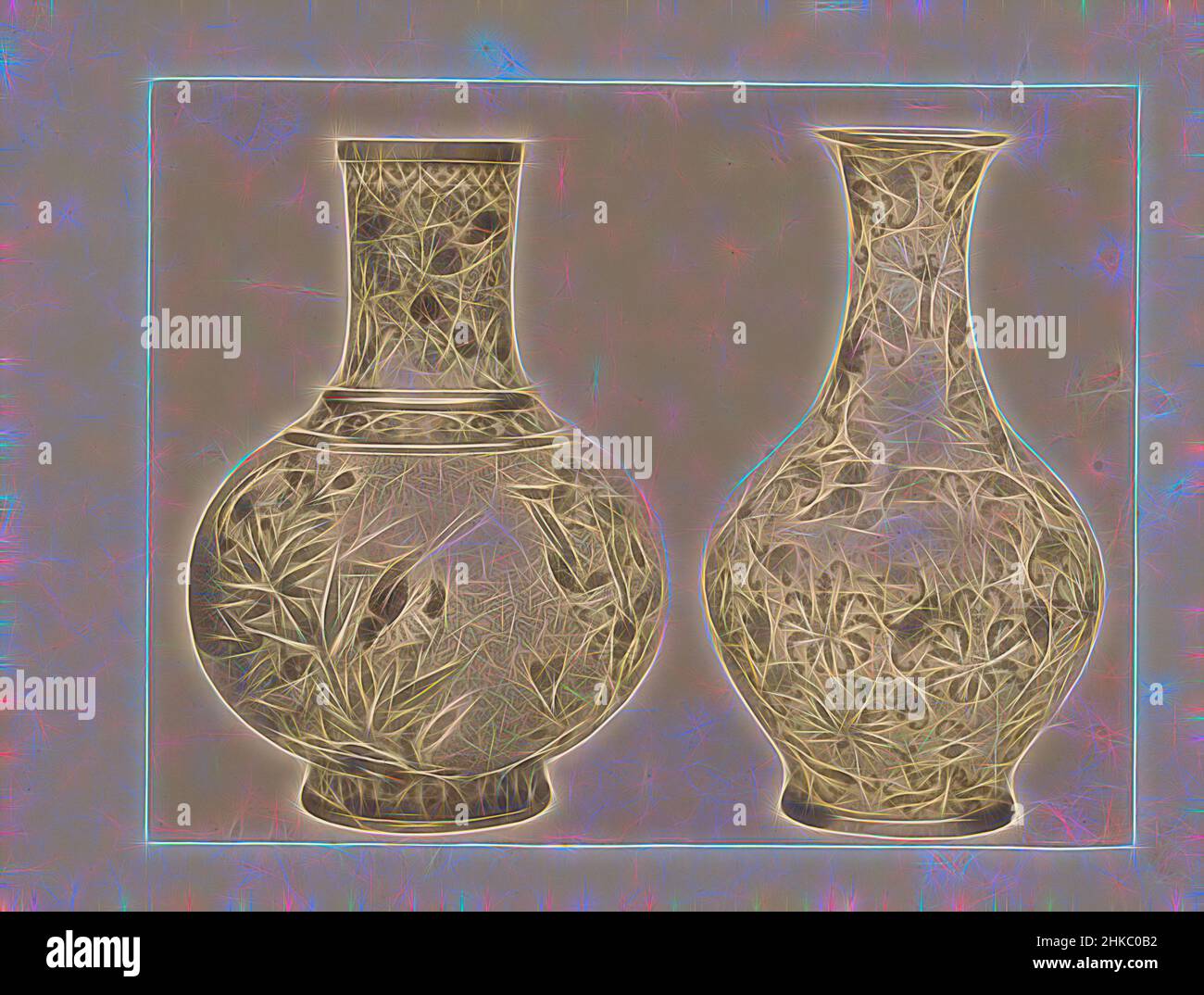 Ispirato da due vasi decorati con motivi floreali e uccelli, c.. 1875 - c. 1900, stampa albume, altezza 184 mm x larghezza 239 mm, reinventata da Artotop. L'arte classica reinventata con un tocco moderno. Design di calda e allegra luminosità e di raggi di luce. La fotografia si ispira al surrealismo e al futurismo, abbracciando l'energia dinamica della tecnologia moderna, del movimento, della velocità e rivoluzionando la cultura Foto Stock