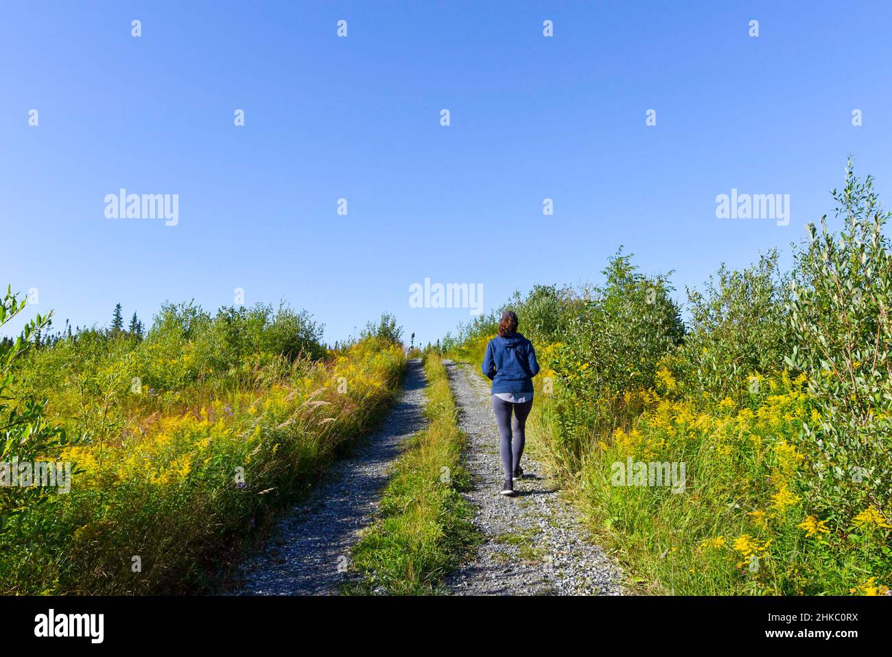 Donna che cammina su un sentiero nella natura Foto Stock