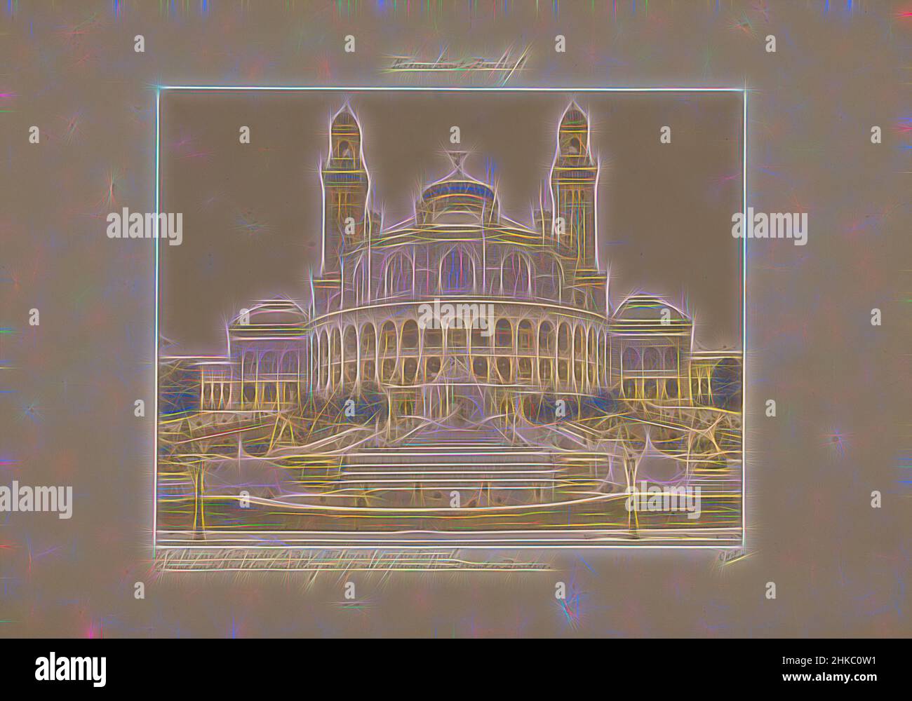 Ispirato dalla facciata del Palais du Trocadéro a Parigi, Parigi, in o dopo il 1878 - c.. 1900, stampa albume, altezza 207 mm x larghezza 265 mm, reinventata da Artotop. L'arte classica reinventata con un tocco moderno. Design di calda e allegra luminosità e di raggi di luce. La fotografia si ispira al surrealismo e al futurismo, abbracciando l'energia dinamica della tecnologia moderna, del movimento, della velocità e rivoluzionando la cultura Foto Stock