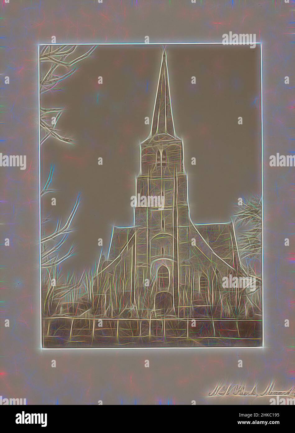 Ispirato dalla vista del Dorpskerk in Poortugaal, Poortugaal, 1902, stampa albume, altezza 230 mm x larghezza 168 mm, reinventato da Artotop. L'arte classica reinventata con un tocco moderno. Design di calda e allegra luminosità e di raggi di luce. La fotografia si ispira al surrealismo e al futurismo, abbracciando l'energia dinamica della tecnologia moderna, del movimento, della velocità e rivoluzionando la cultura Foto Stock