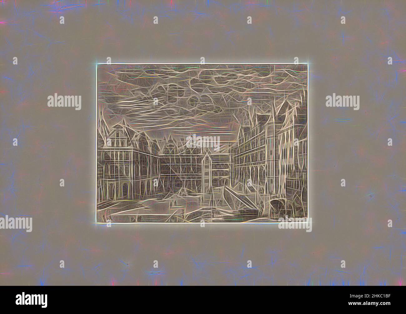 Ispirata alla riproduzione fotografica di una stampa raffigurante il cortile del Castello di Heidelberg con persone, animali e carrozze, Europa, c.. 1875 - c. 1900, stampa albume, altezza 160 mm x larghezza 214 mm, reinventata da Artotop. L'arte classica reinventata con un tocco moderno. Design di calda e allegra luminosità e di raggi di luce. La fotografia si ispira al surrealismo e al futurismo, abbracciando l'energia dinamica della tecnologia moderna, del movimento, della velocità e rivoluzionando la cultura Foto Stock