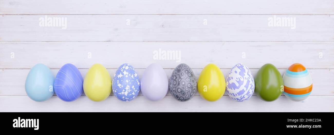 Uovo di Pasqua in fila su legno bianco, testata. Festa di primavera. Vernice color pastello, varie uova di disegno, spazio di copia. 3d rendering Foto Stock