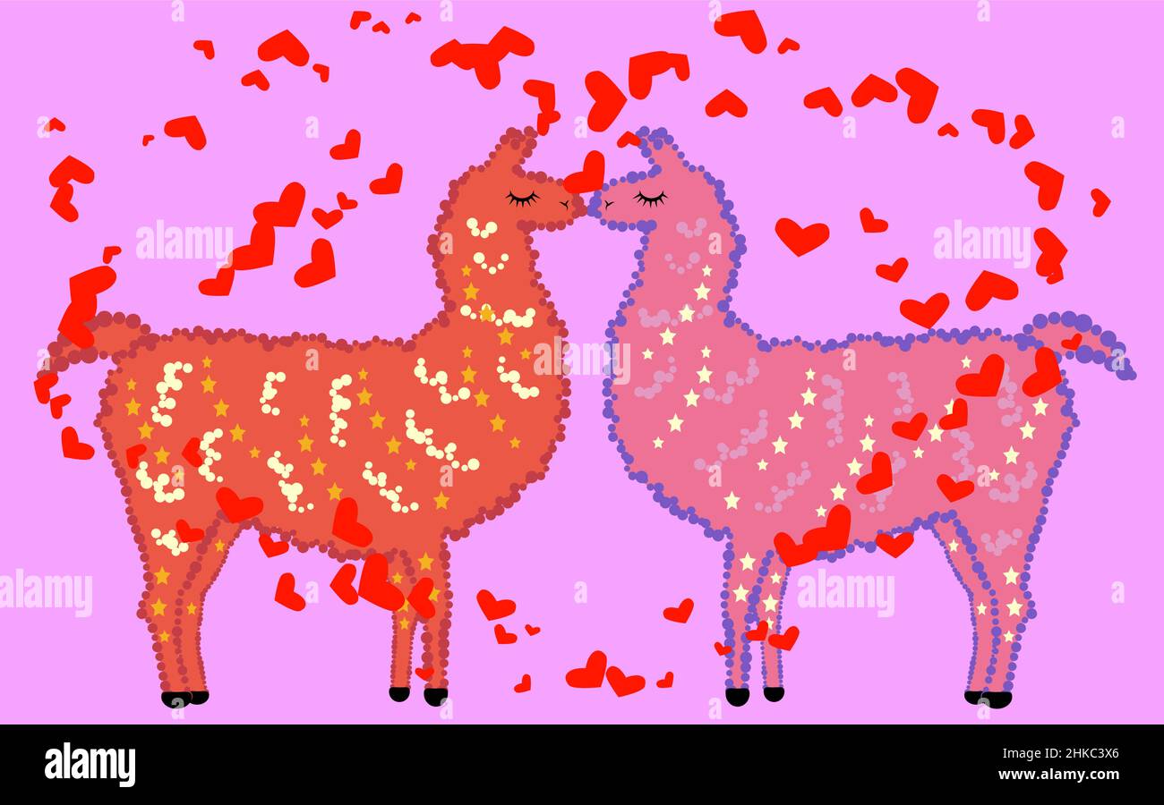 Due amanti baciano le lama circondate dai cuori. Amore in aria, giorno cartolina di San Valentino Illustrazione Vettoriale