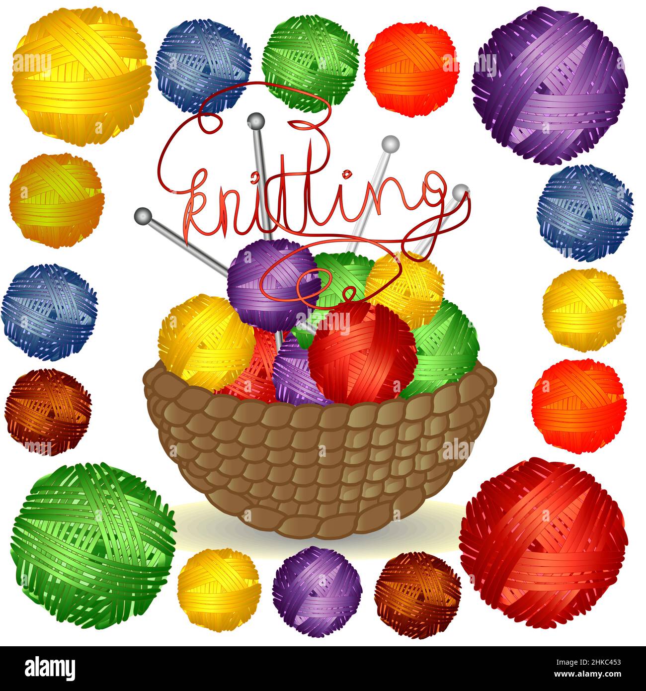 Cestino con grovigli multicolore in una cornice quadrata di palle multicolore di lana. Illustrazione Vettoriale